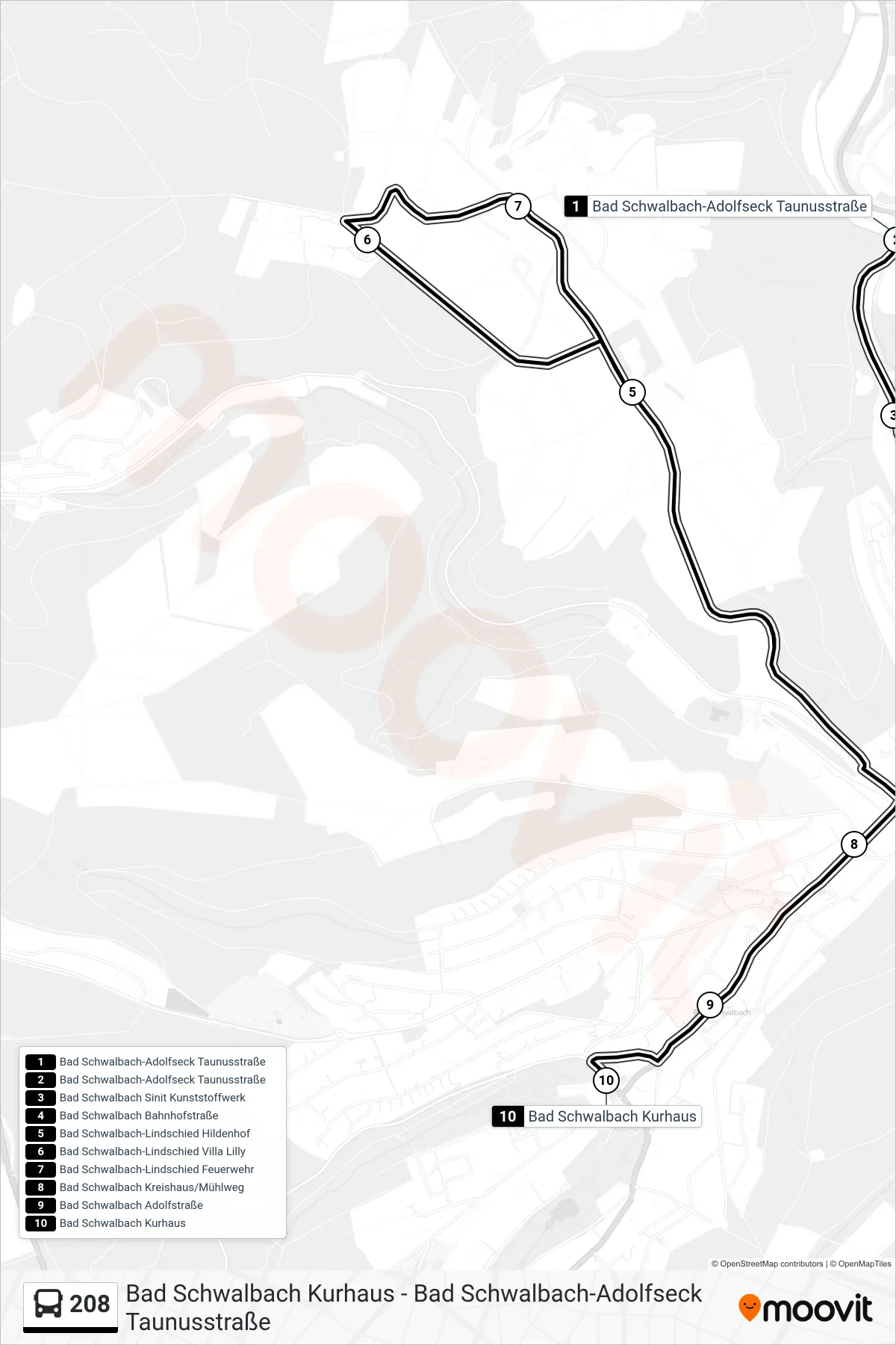 208 bus Line (Bad Schwalbach Kurhaus) route and stops on a map