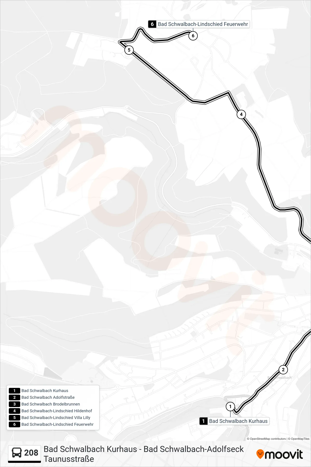 208 bus Line (Bad Schwalbach-Lindschied Feuerwehr) route and stops on a map
