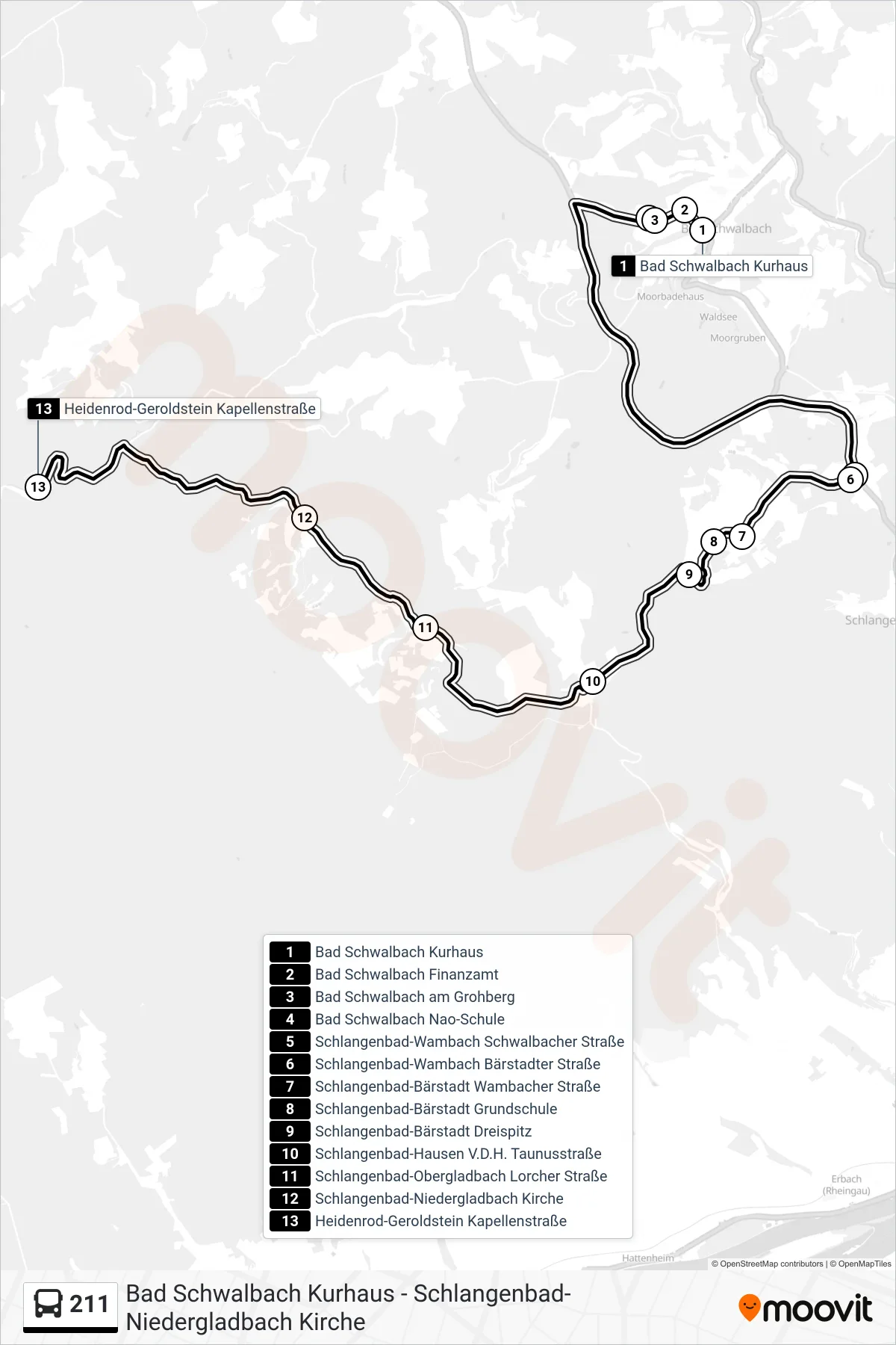 Linie 211 (Bus) Richtung Heidenrod-Geroldstein Kapellenstraße: Route und Haltestellen auf der Karte