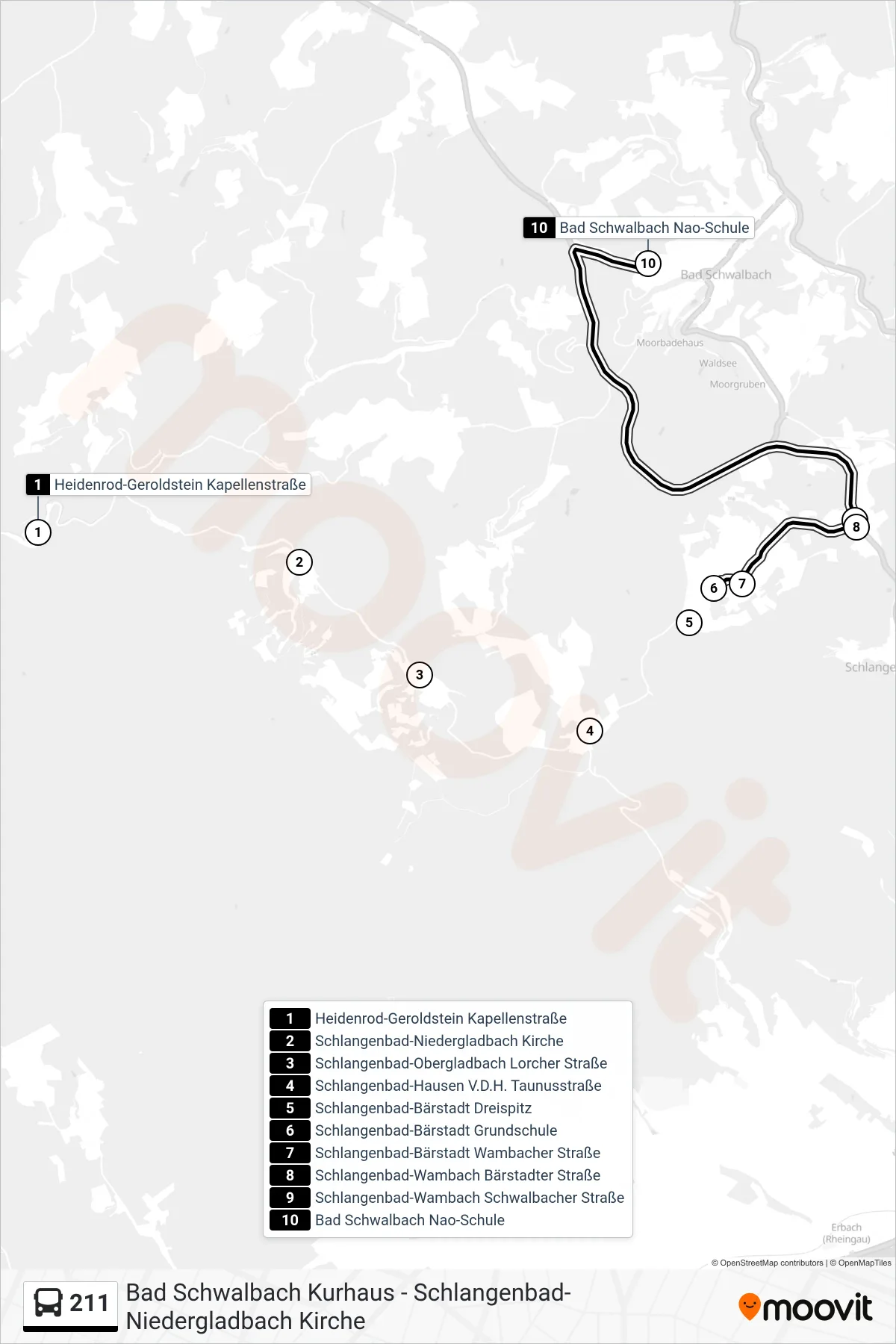 211 bus Line (Bad Schwalbach Nao-Schule) route and stops on a map
