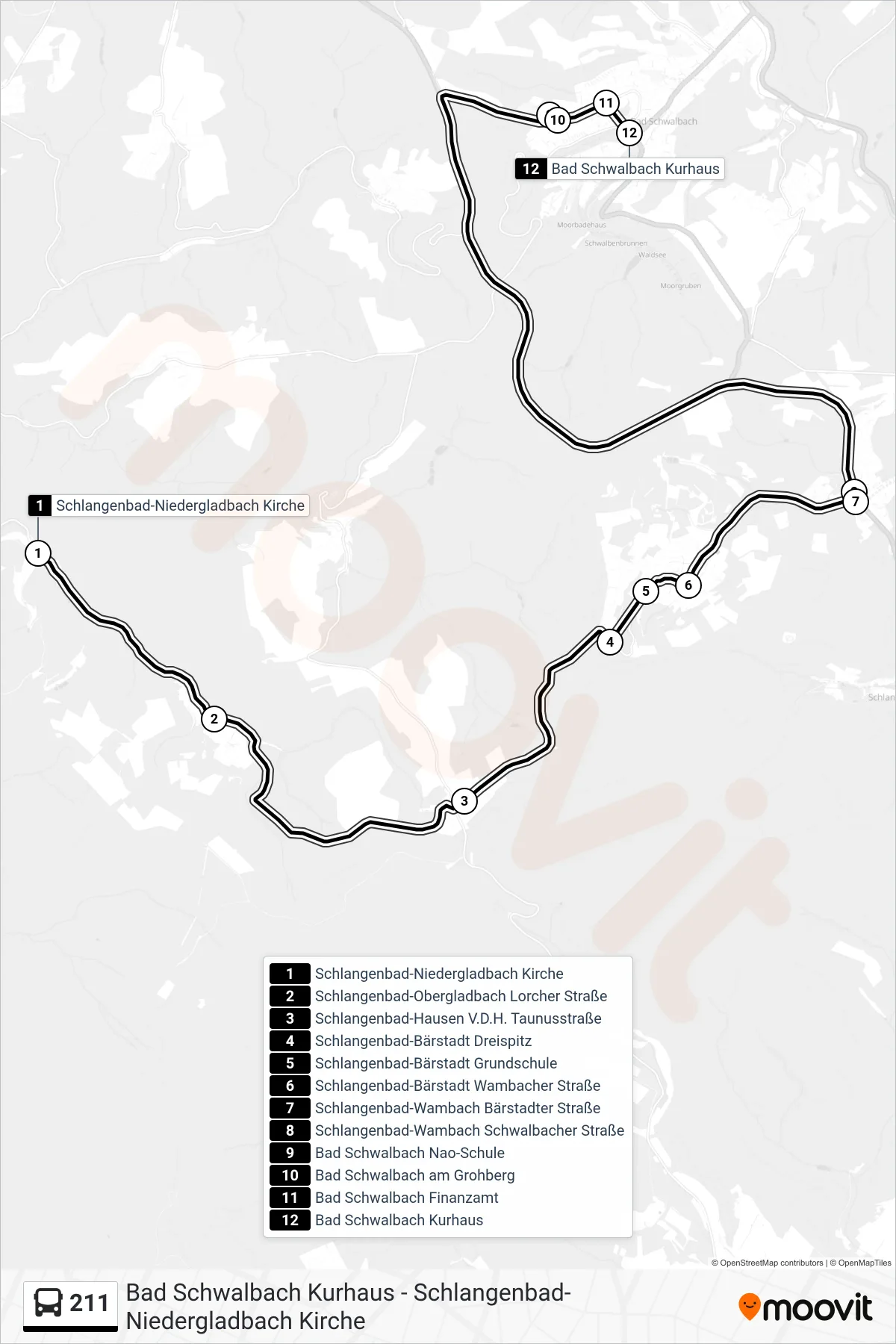 211 bus Line (Bad Schwalbach Kurhaus) route and stops on a map
