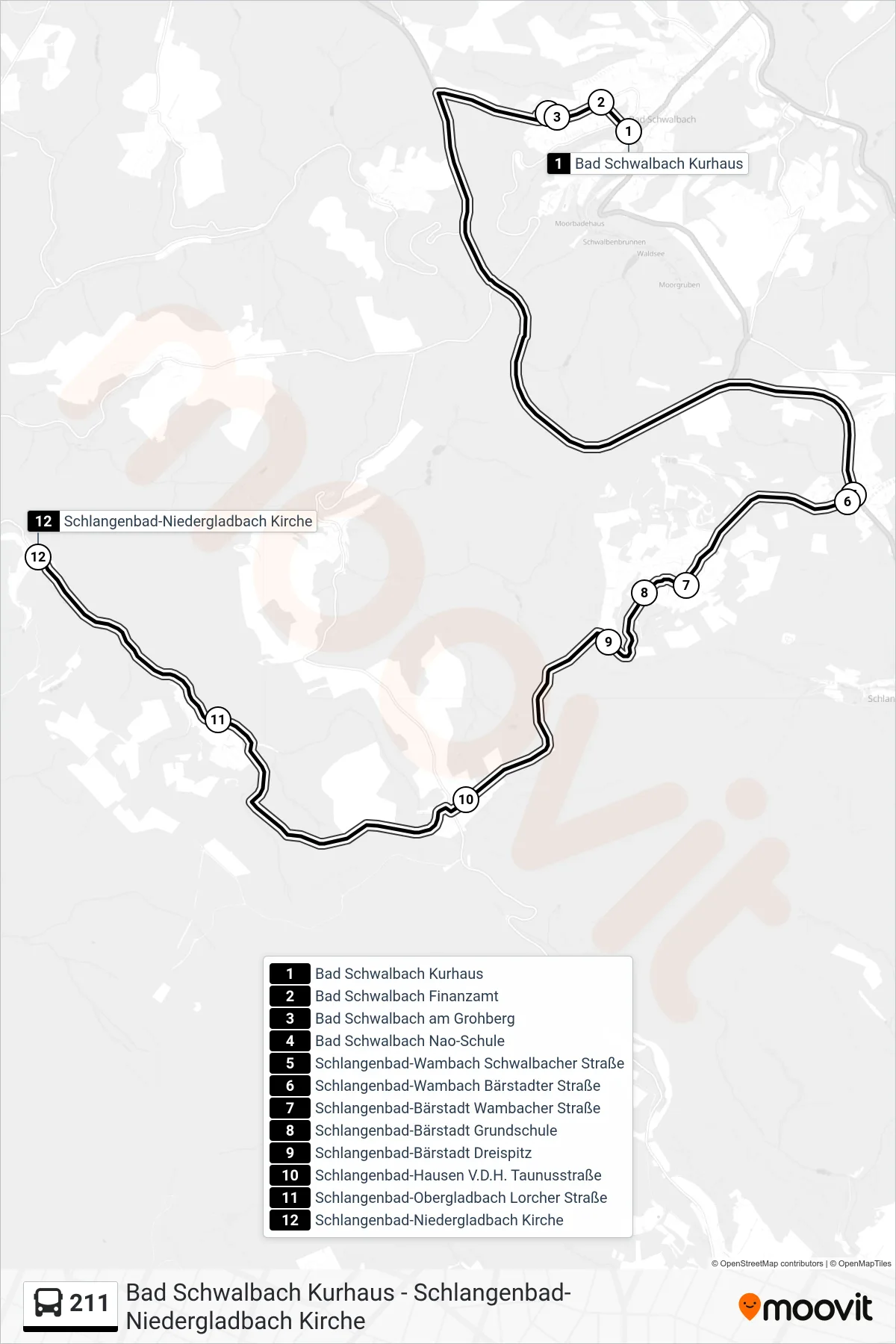 211 bus Line (Schlangenbad-Niedergladbach Kirche) route and stops on a map