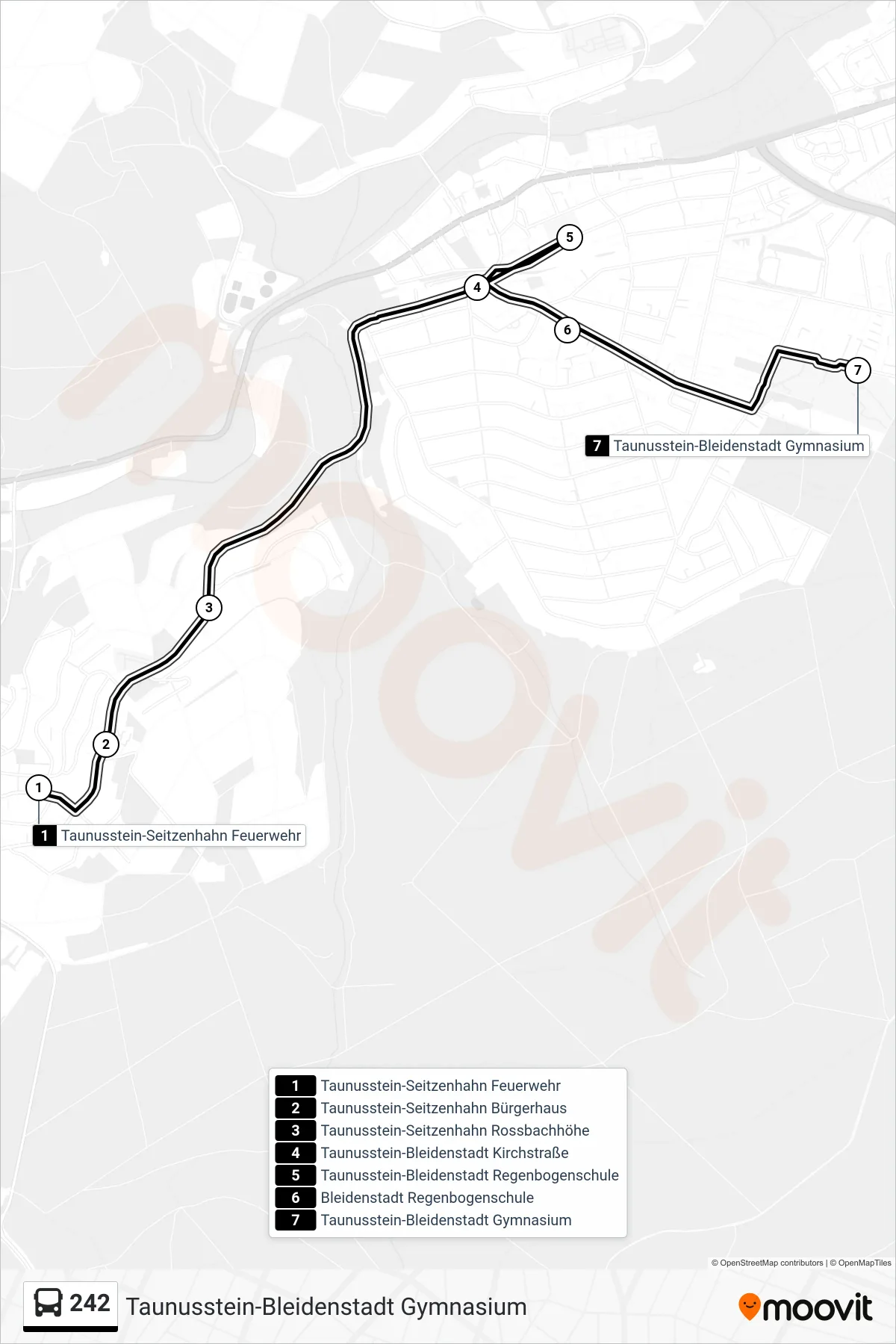 242 bus Line (Taunusstein-Bleidenstadt Gymnasium) route and stops on a map