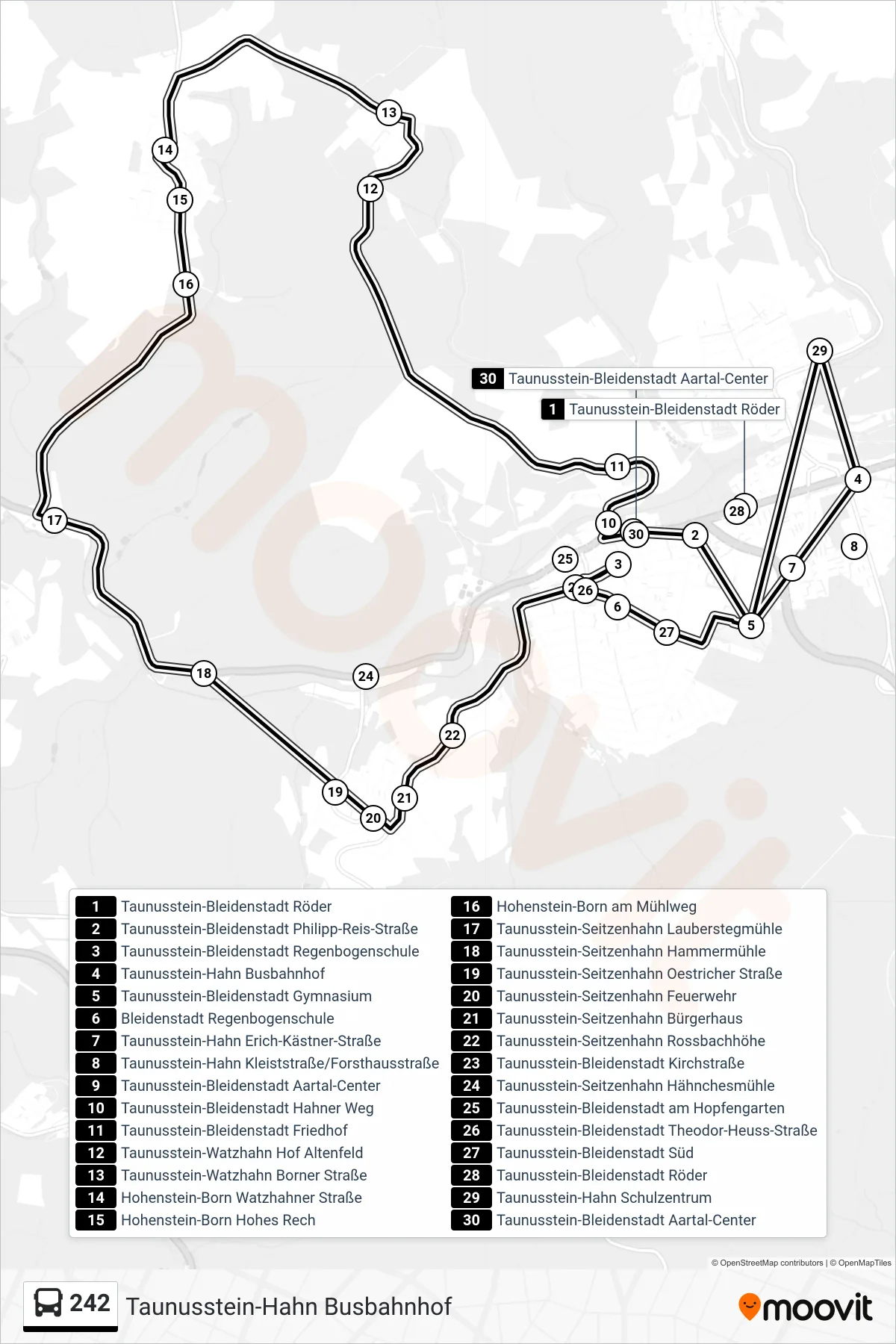 242 bus Line (Taunusstein-Hahn Busbahnhof) route and stops on a map