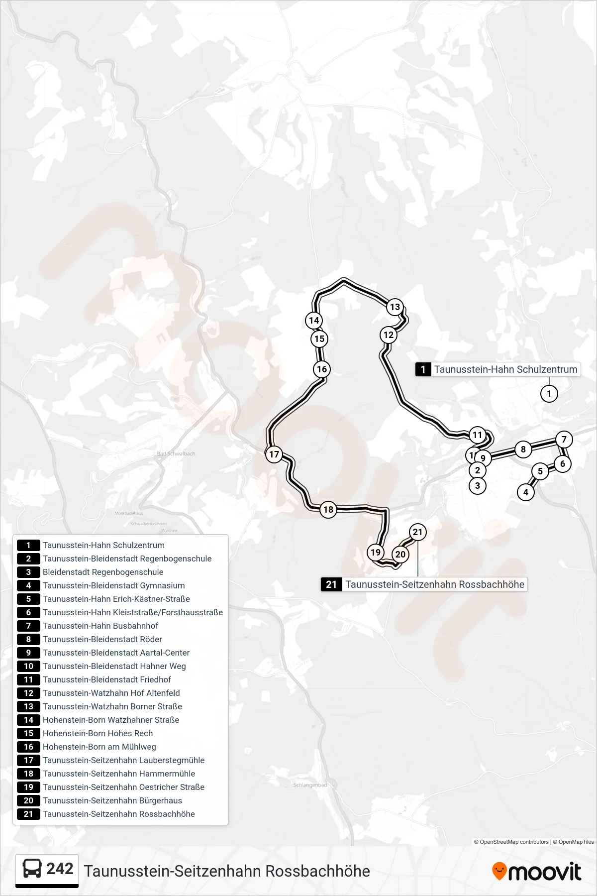 242 bus Line (Taunusstein-Seitzenhahn Rossbachhöhe) route and stops on a map