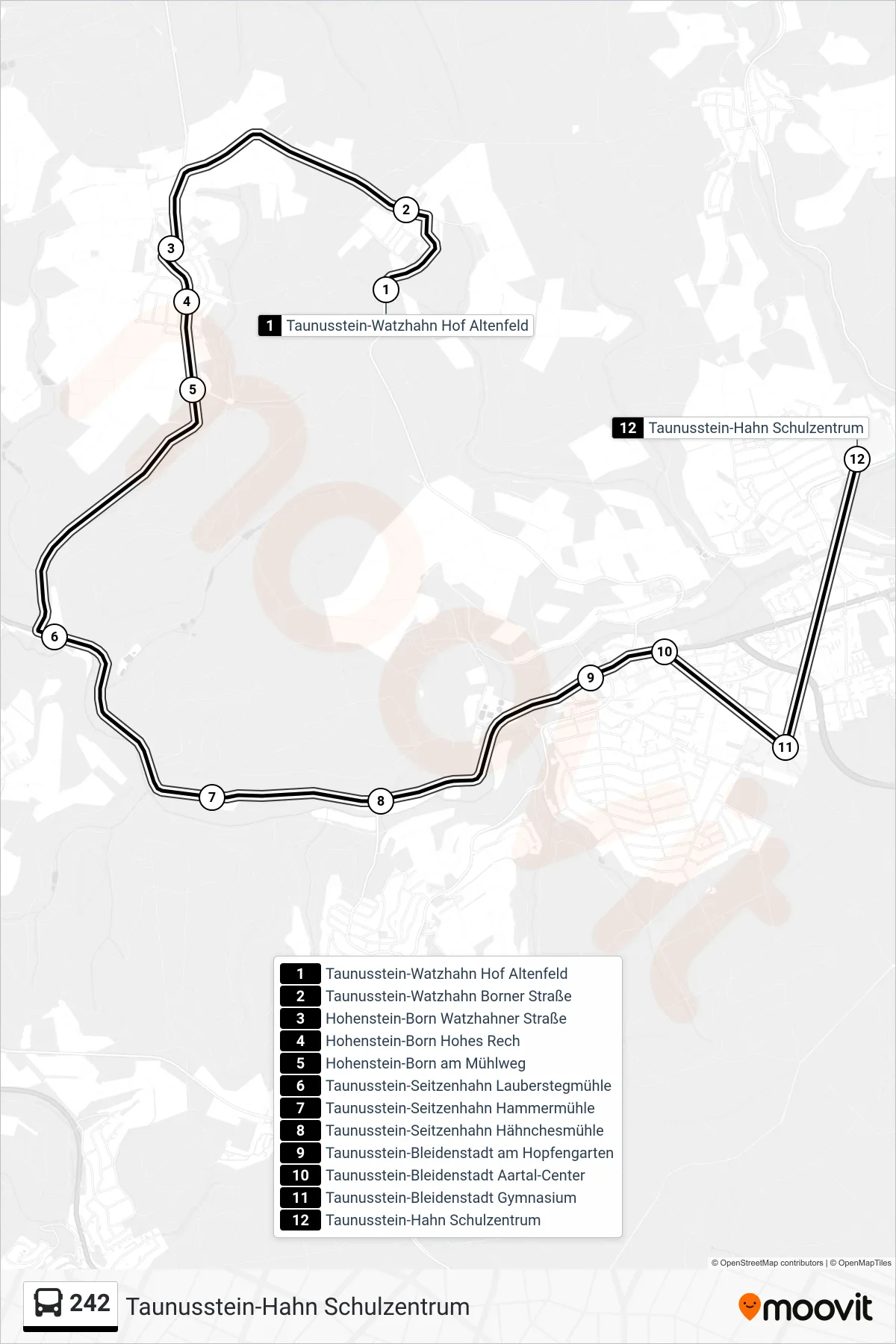 242 bus Line (Taunusstein-Hahn Schulzentrum) route and stops on a map