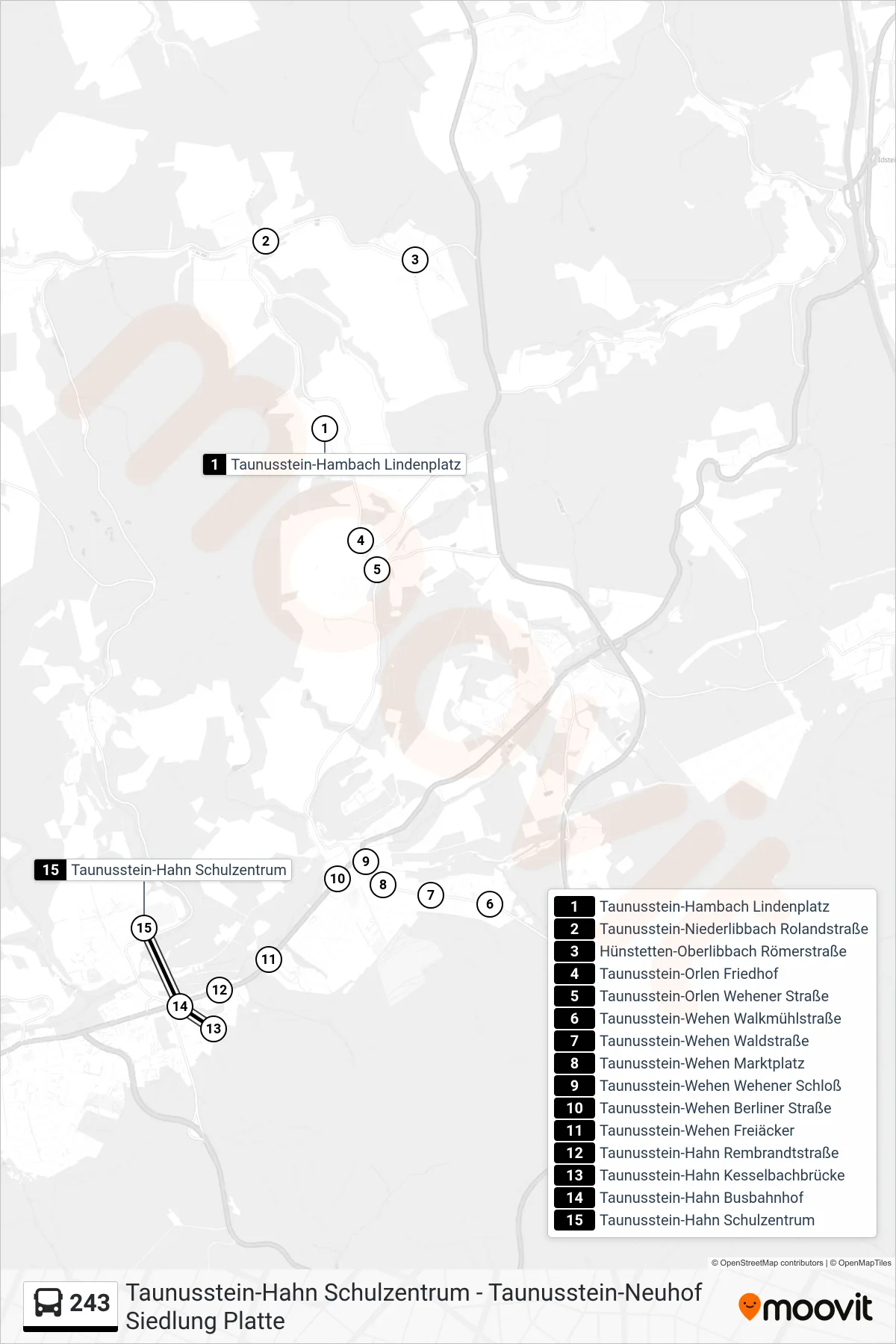 243 bus Line (Taunusstein-Hahn Schulzentrum) route and stops on a map