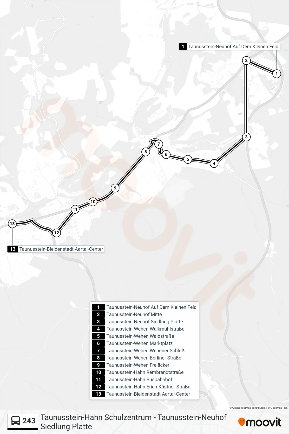 243 bus Line (Taunusstein-Bleidenstadt Aartal-Center) route and stops on a map