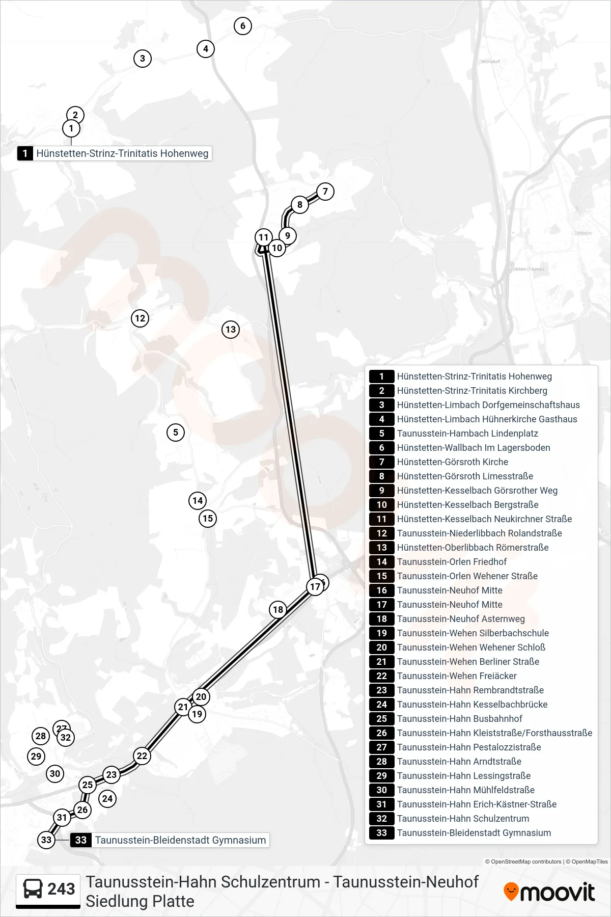 243 bus Line (Taunusstein-Bleidenstadt Gymnasium) route and stops on a map