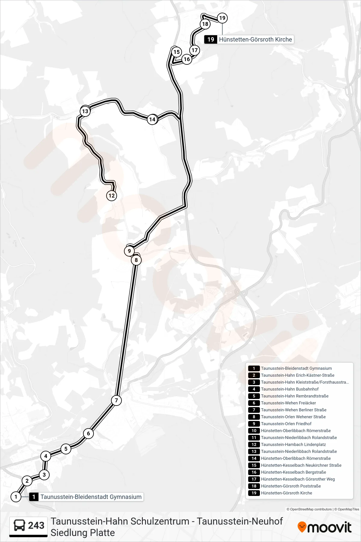 243 bus Line (Hünstetten-Görsroth Kirche) route and stops on a map