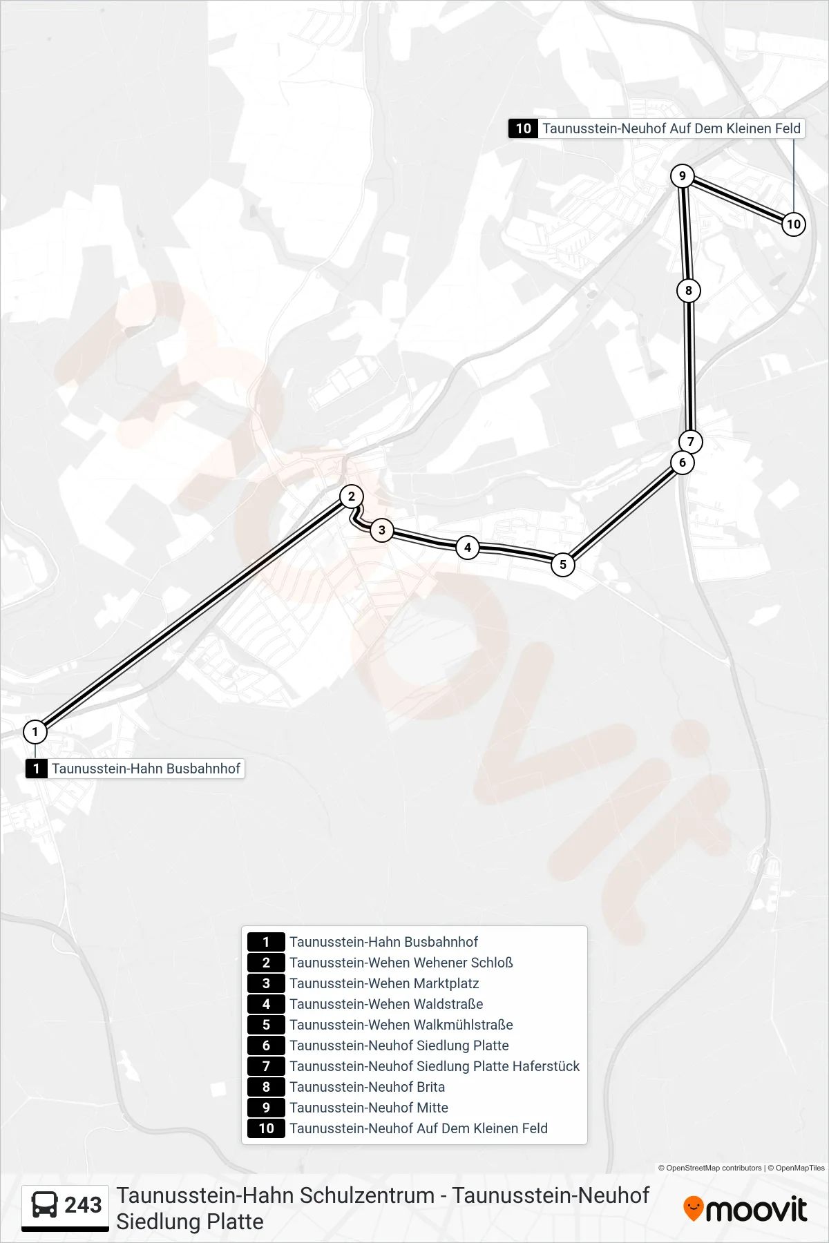 243 bus Line (Taunusstein-Neuhof Auf Dem Kleinen Feld) route and stops on a map