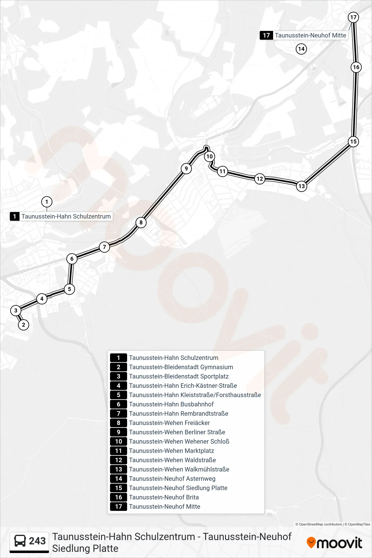 243 bus Line (Taunusstein-Neuhof Mitte) route and stops on a map