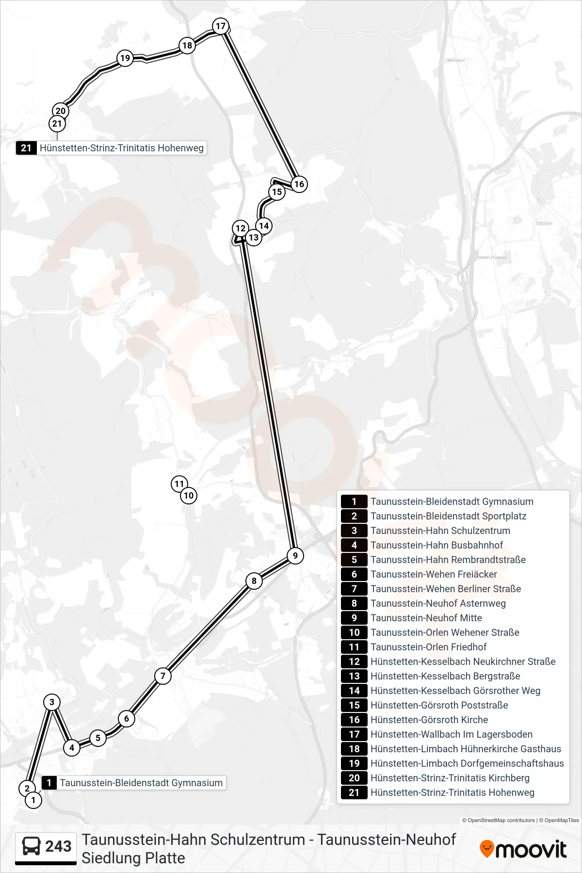 Linie 243 (Bus) Richtung Hünstetten-Strinz-Trinitatis Hohenweg: Route und Haltestellen auf der Karte