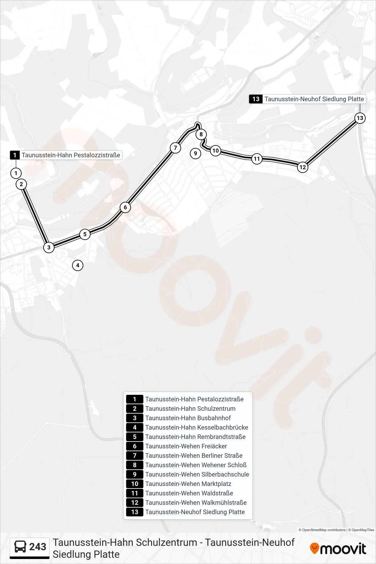 243 bus Line (Taunusstein-Neuhof Siedlung Platte) route and stops on a map