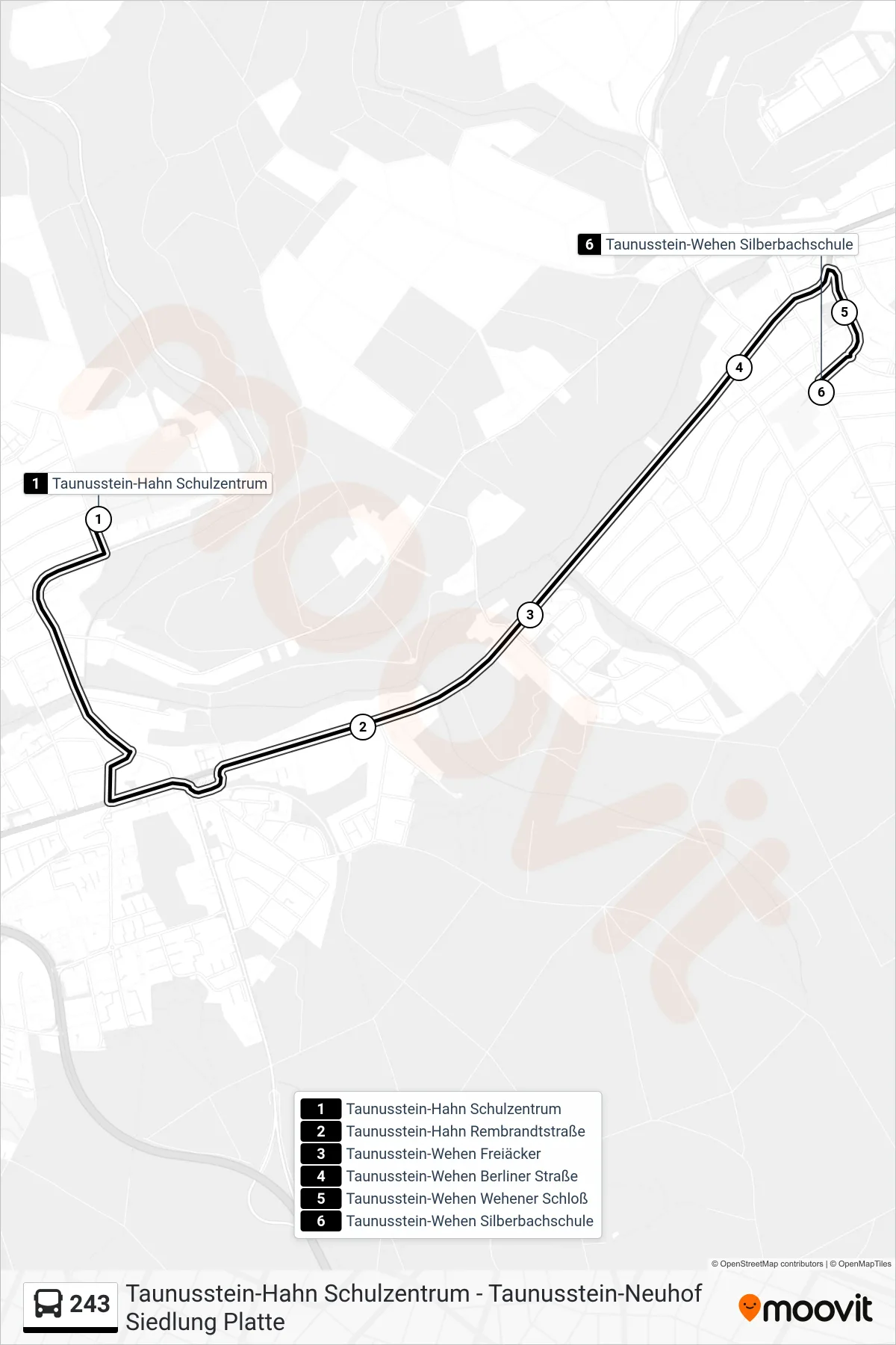 243 bus Line (Taunusstein-Wehen Silberbachschule) route and stops on a map