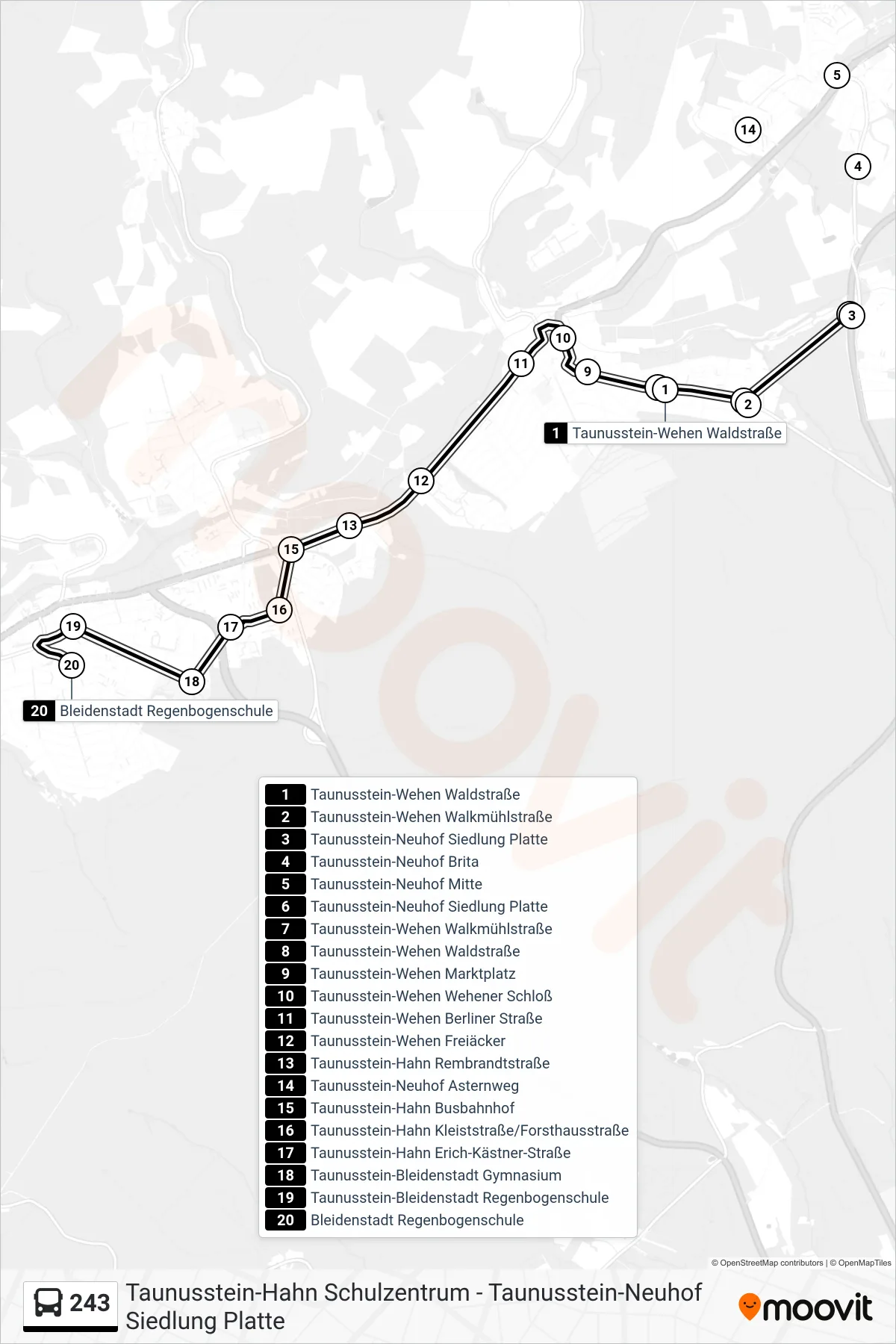 243 bus Line (Bleidenstadt Regenbogenschule) route and stops on a map