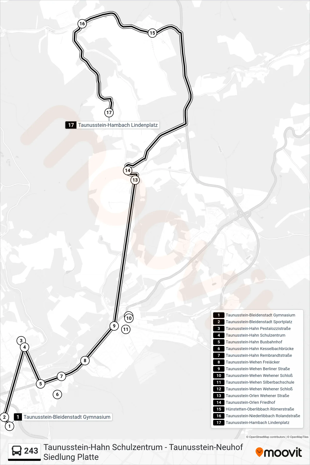243 bus Line (Taunusstein-Hambach Lindenplatz) route and stops on a map