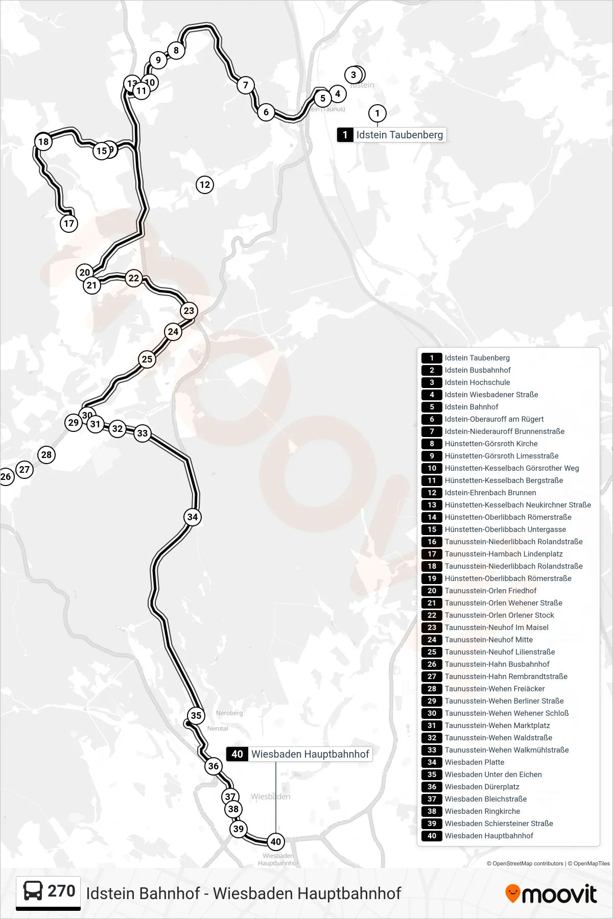 270 bus Line (Wiesbaden Hauptbahnhof) route and stops on a map
