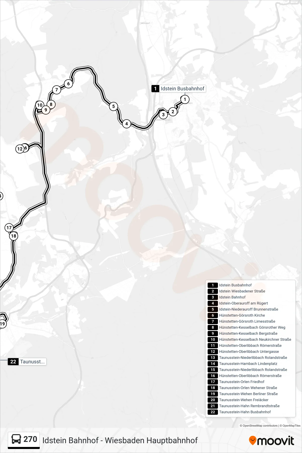 270 bus Line (Taunusstein-Hahn Busbahnhof) route and stops on a map