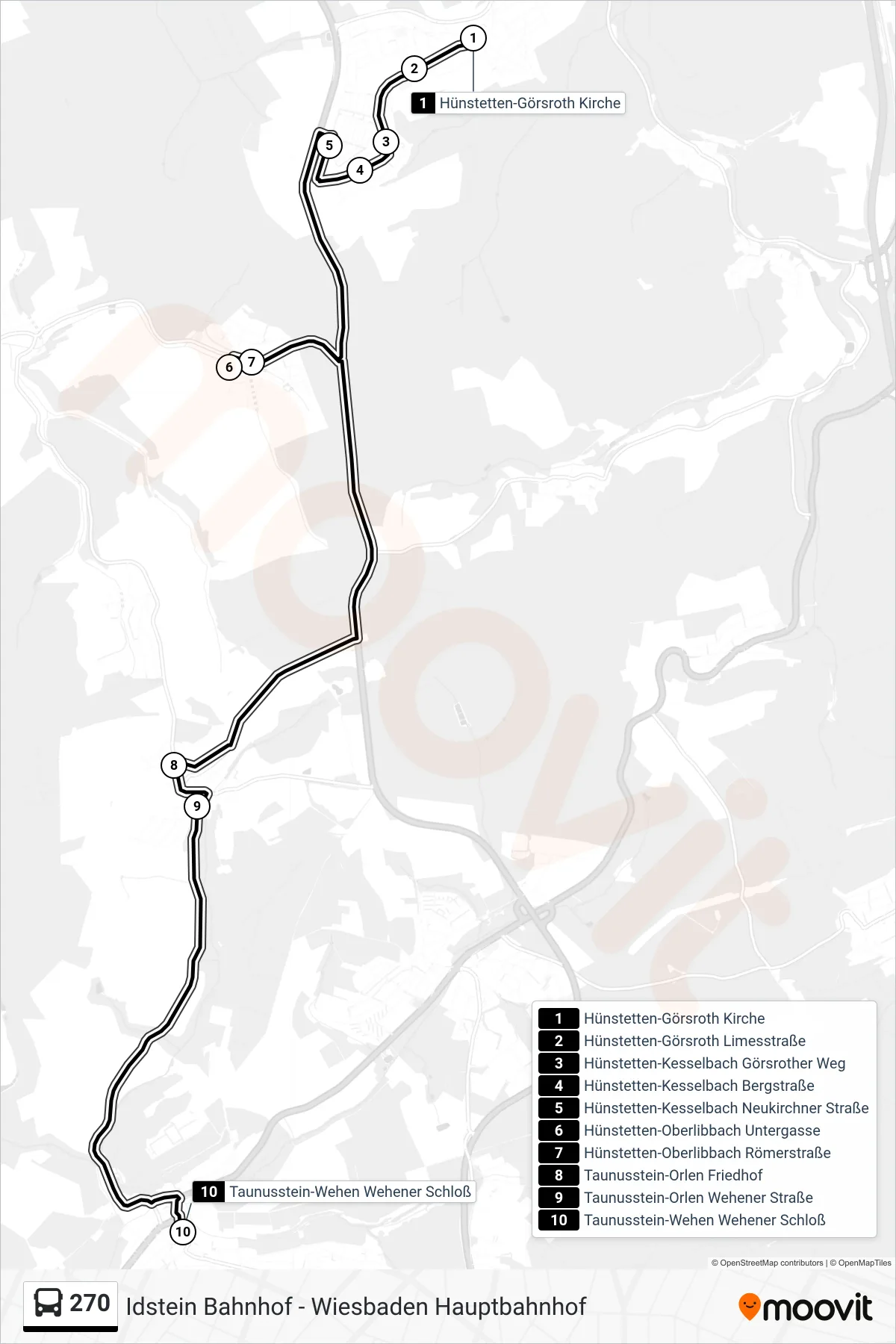 270 bus Line (Taunusstein-Wehen Wehener Schloß) route and stops on a map