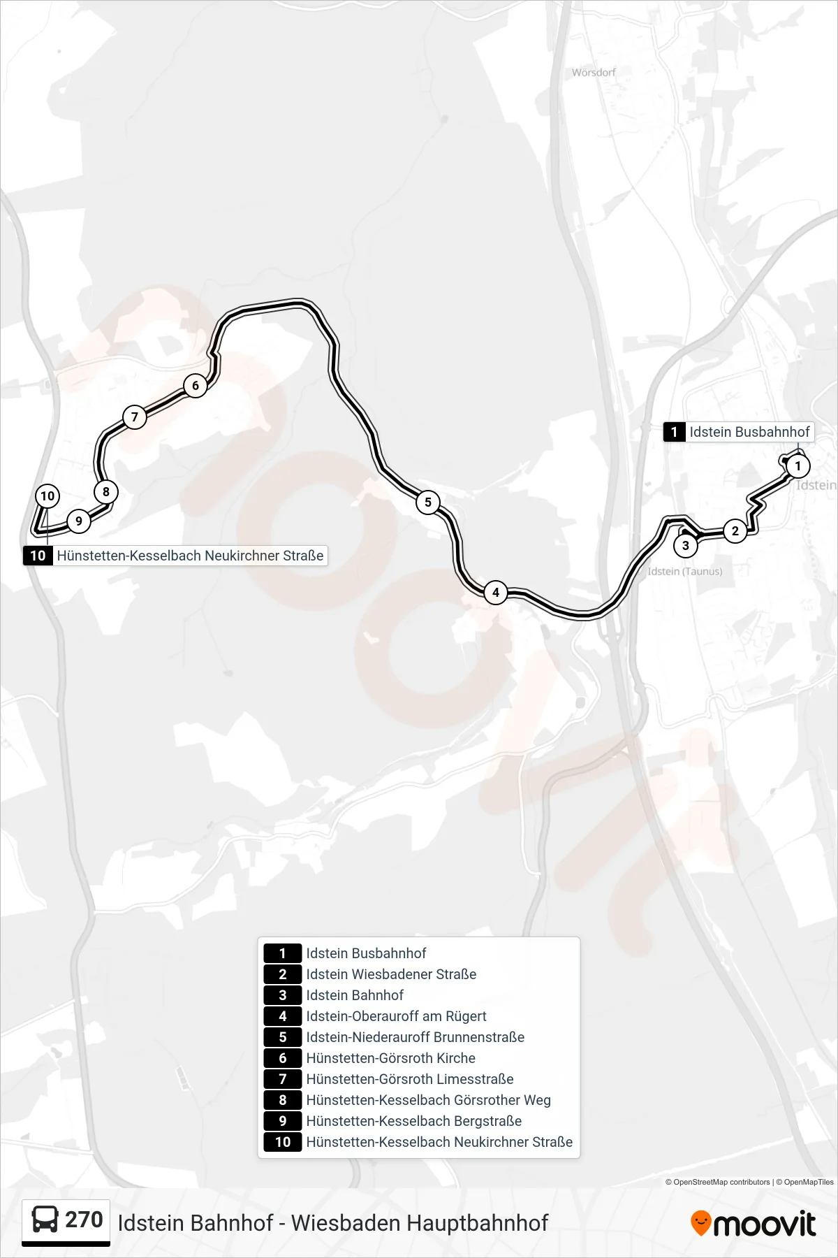 270 bus Line (Hünstetten-Kesselbach Neukirchner Straße) route and stops on a map