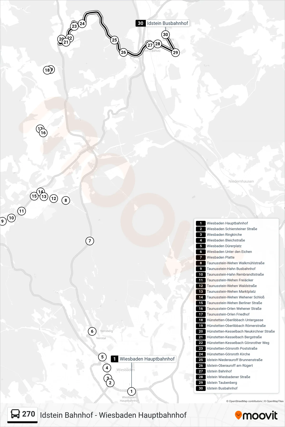 270 bus Line (Idstein Busbahnhof) route and stops on a map