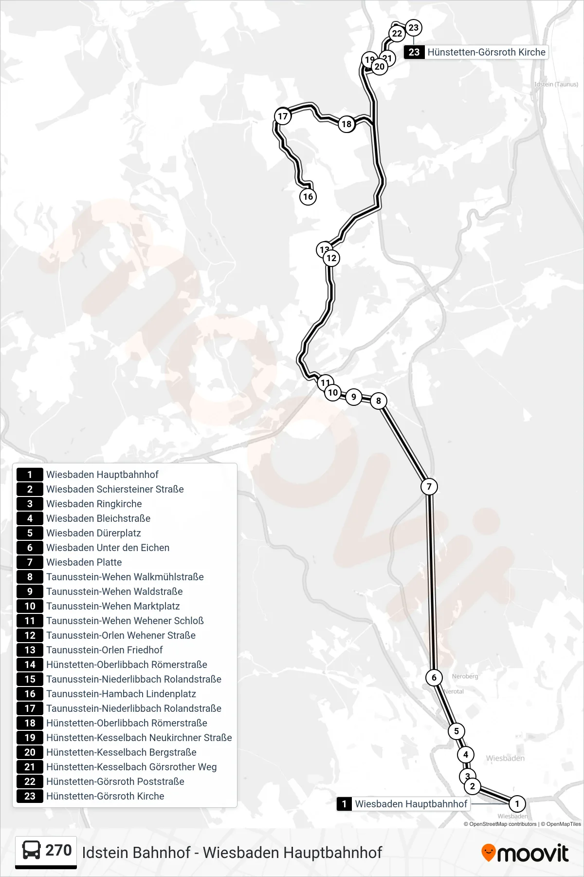 270 bus Line (Hünstetten-Görsroth Kirche) route and stops on a map