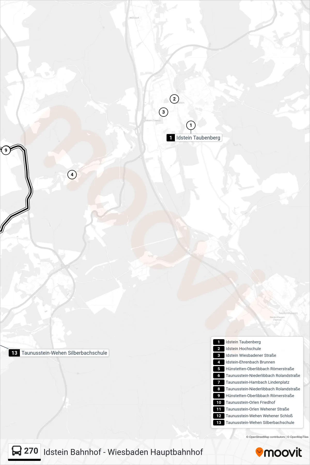 270 bus Line (Taunusstein-Wehen Silberbachschule) route and stops on a map