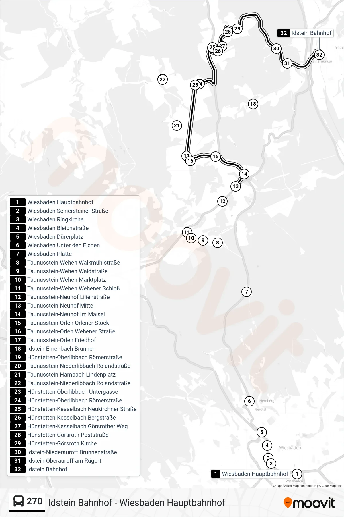 270 bus Line (Idstein Bahnhof) route and stops on a map
