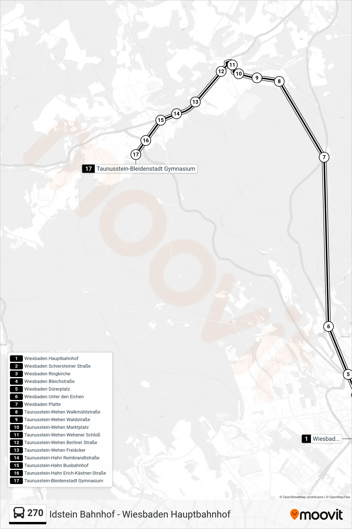 270 bus Line (Taunusstein-Bleidenstadt Gymnasium) route and stops on a map