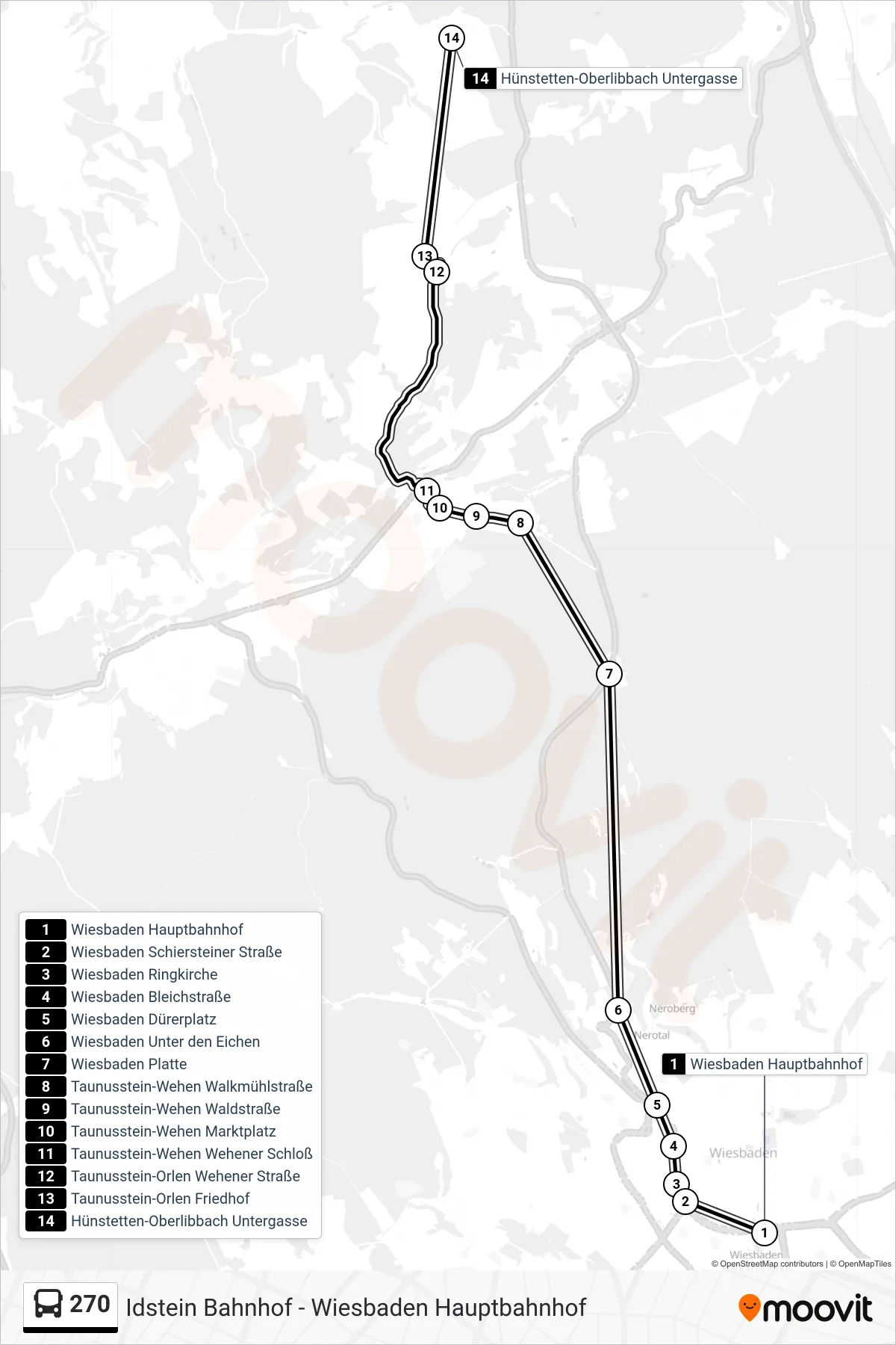 Linie 270 (Bus) Richtung Hünstetten-Oberlibbach Untergasse: Route und Haltestellen auf der Karte