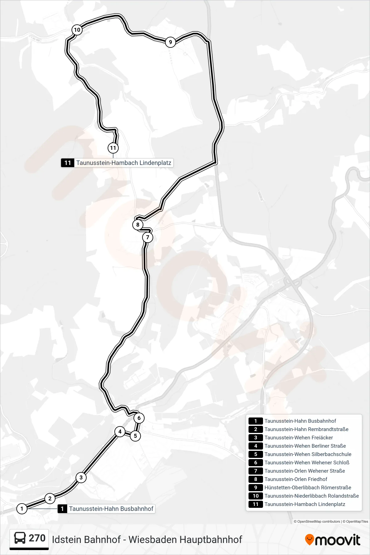 270 bus Line (Taunusstein-Hambach Lindenplatz) route and stops on a map