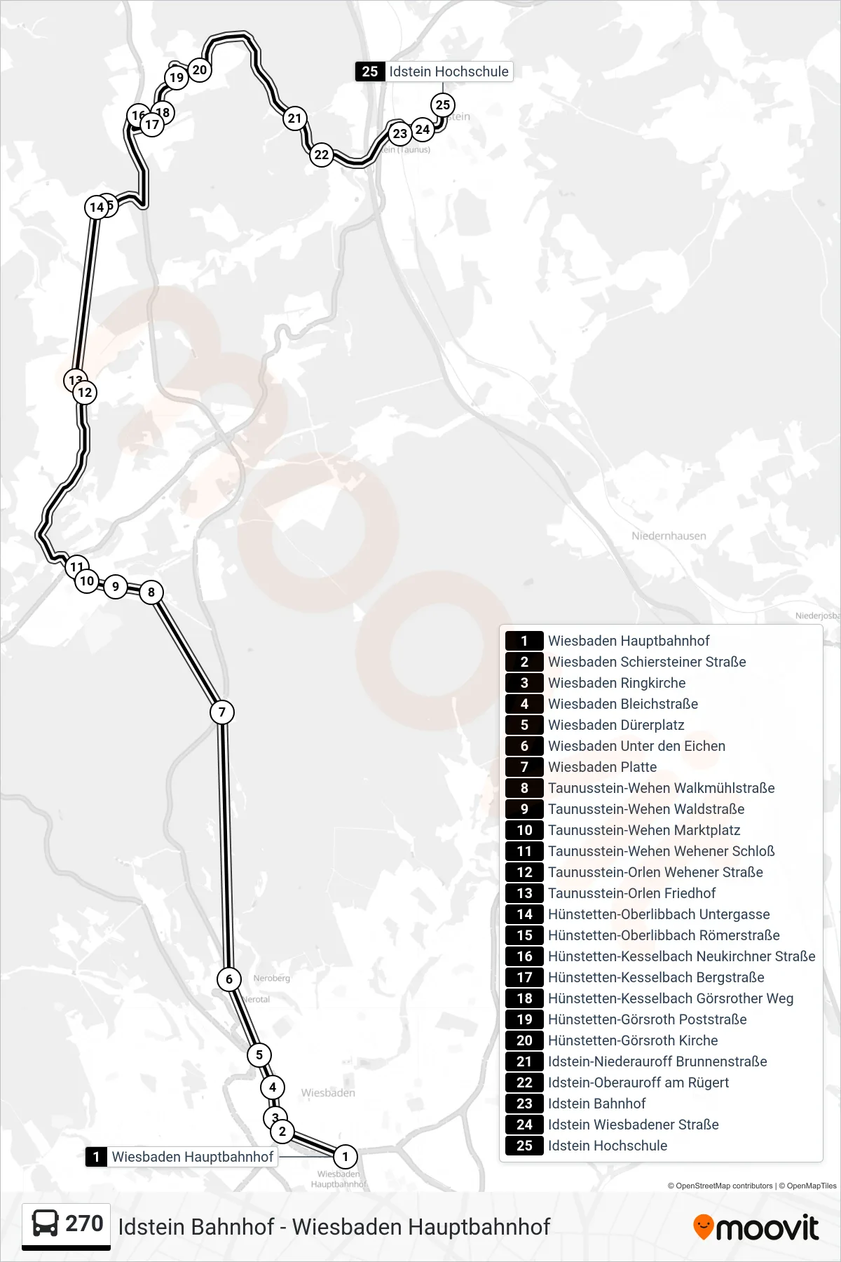 270 bus Line (Idstein Hochschule) route and stops on a map
