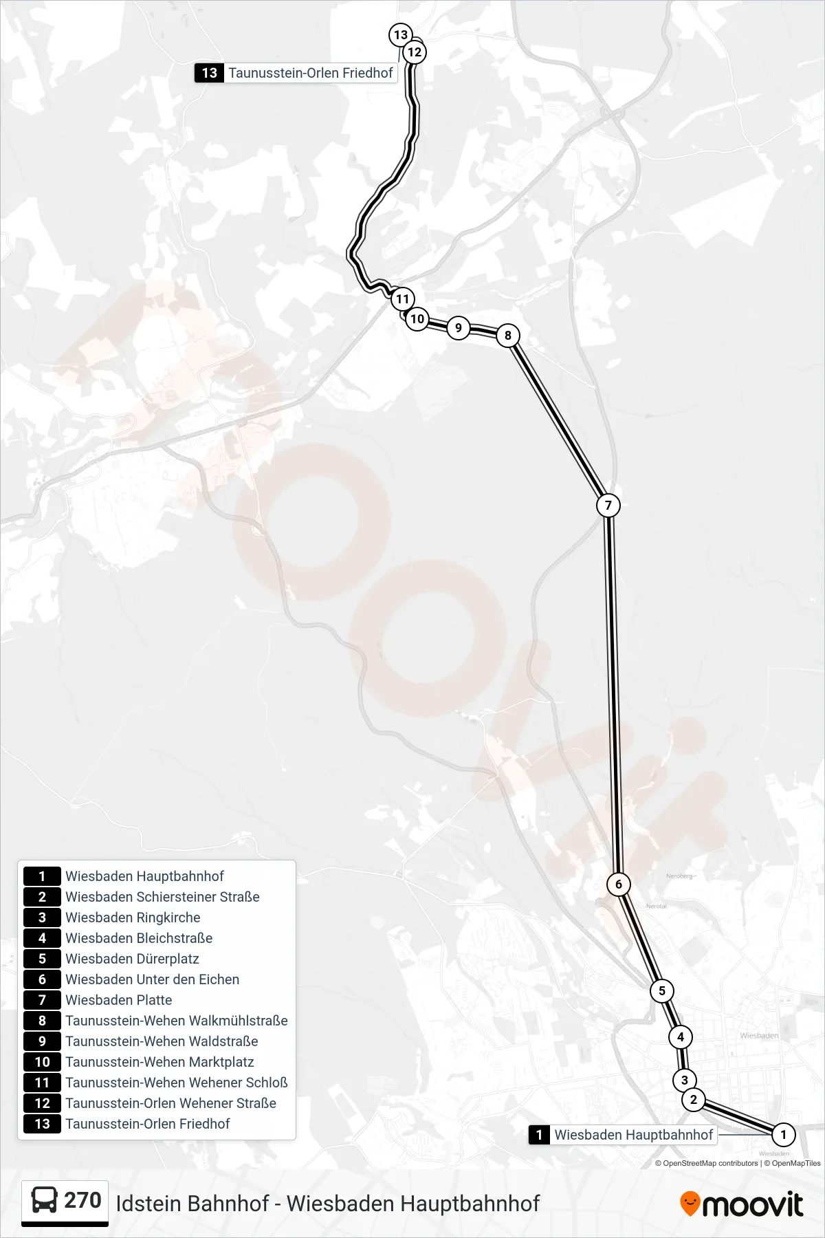 270 bus Line (Taunusstein-Orlen Friedhof) route and stops on a map