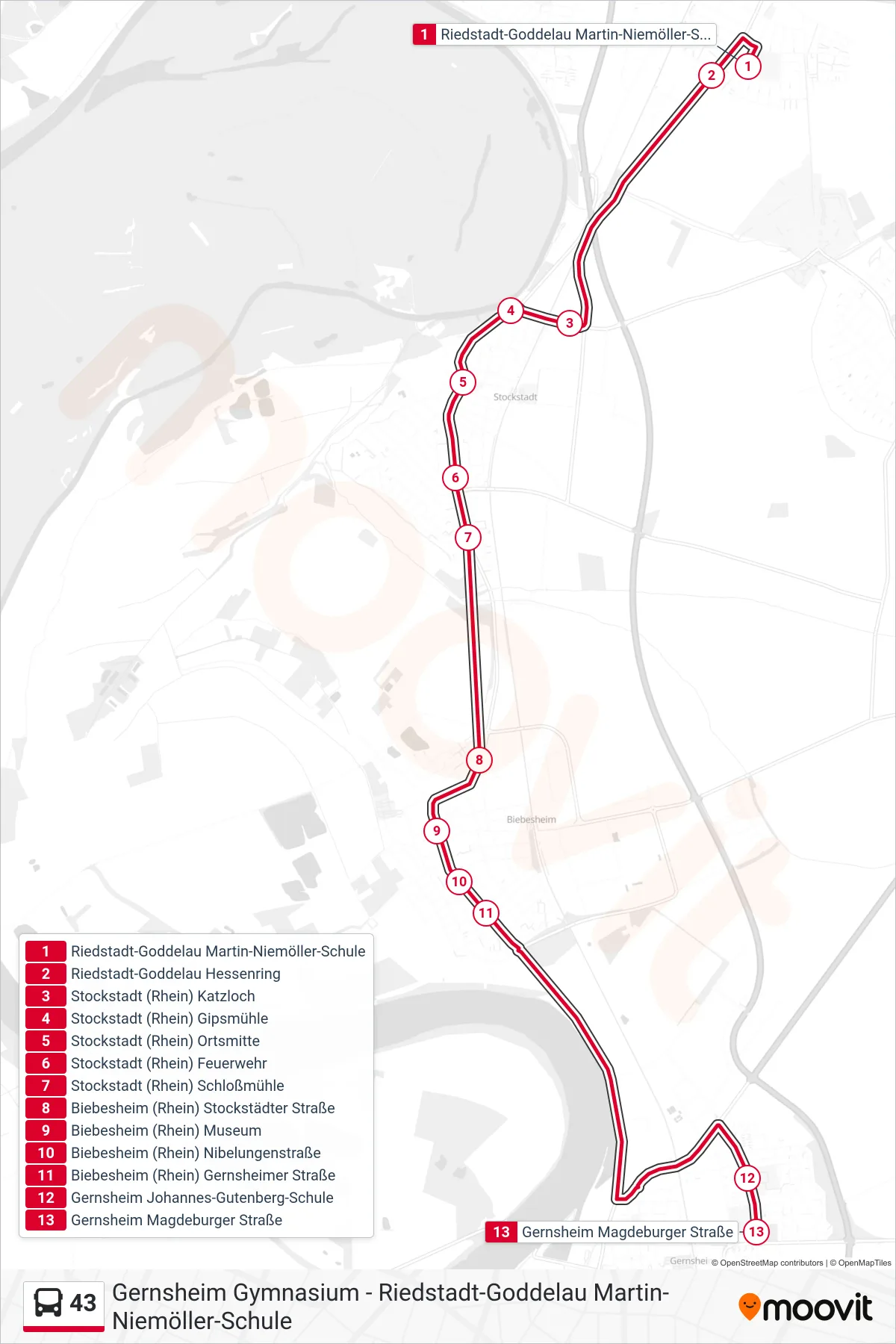 Linie 43 (Bus) Richtung Gernsheim Magdeburger Straße: Route und Haltestellen auf der Karte