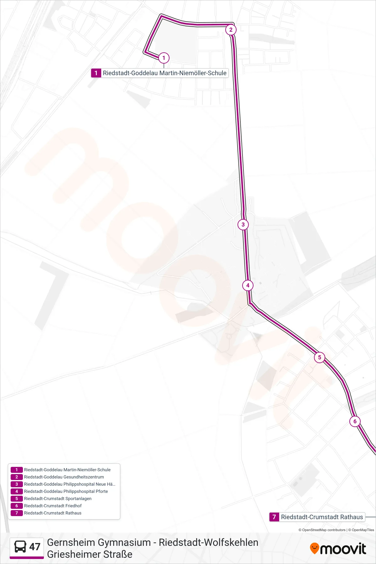47 bus Line (Riedstadt-Crumstadt Rathaus) route and stops on a map