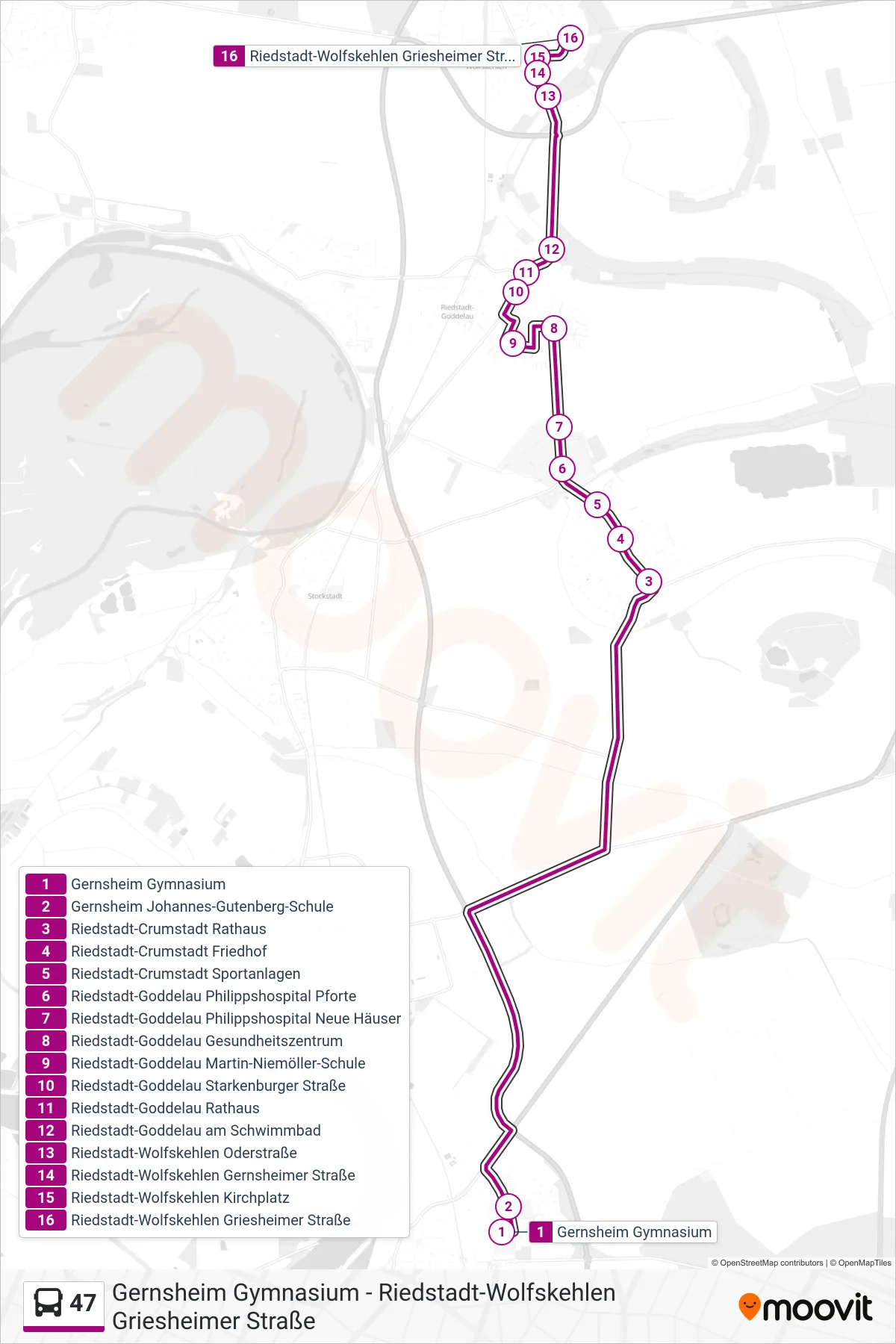 47 bus Line (Riedstadt-Wolfskehlen Griesheimer Straße) route and stops on a map