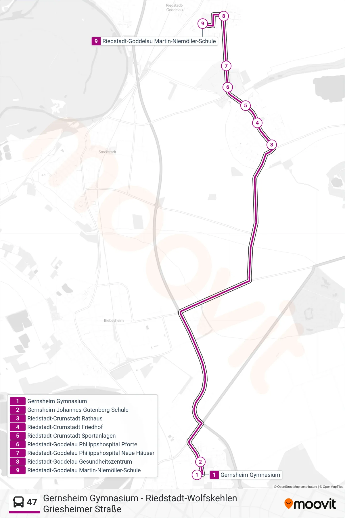 Linie 47 (Bus) Richtung Riedstadt-Goddelau Martin-Niemöller-Schule: Route und Haltestellen auf der Karte