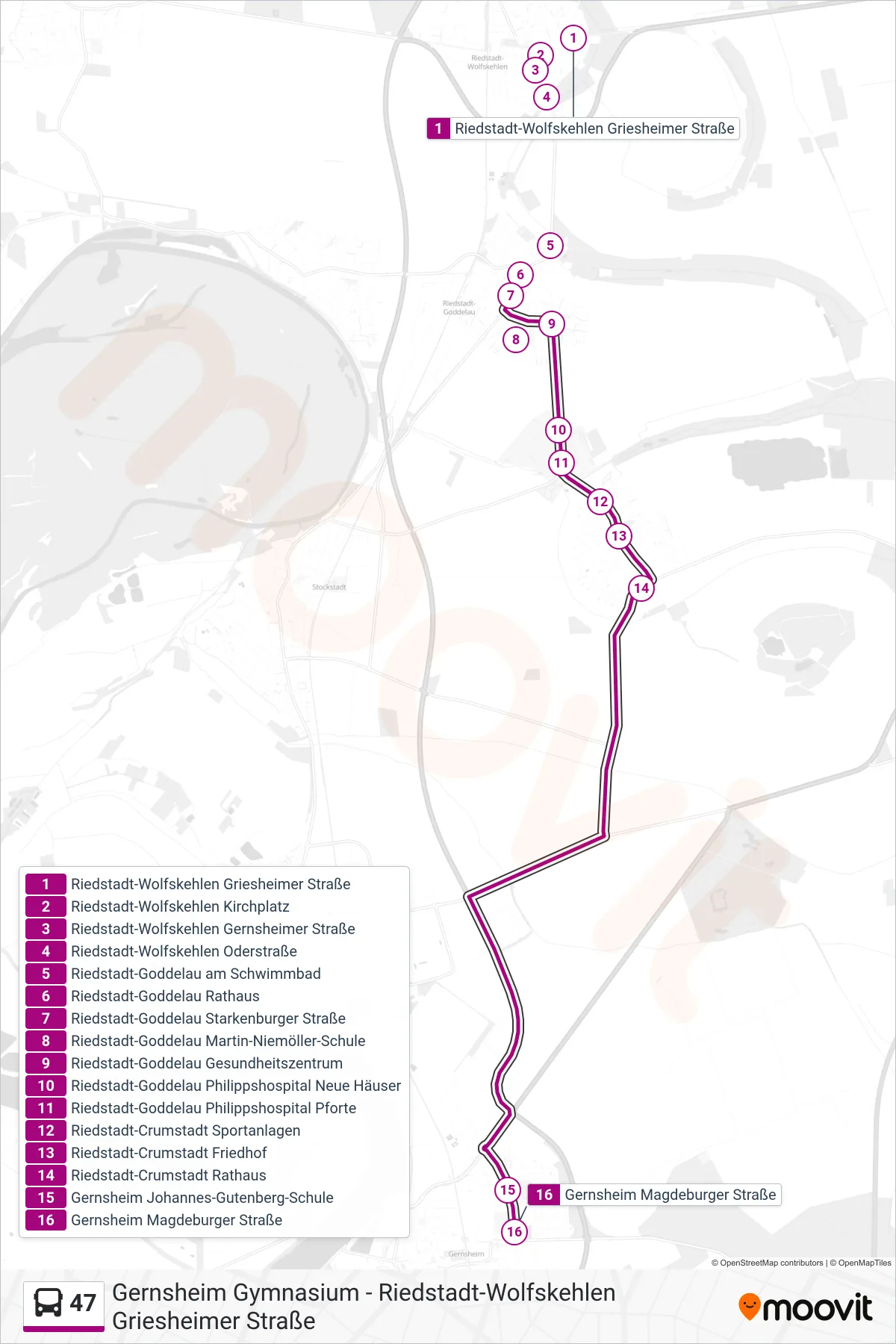 47 bus Line (Gernsheim Magdeburger Straße) route and stops on a map