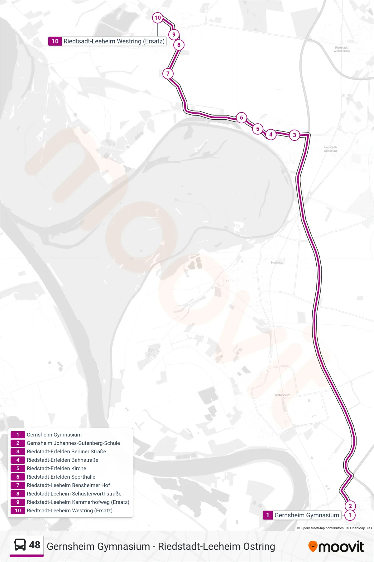 Linie 48 (Bus) Richtung Riedtsadt-Leeheim Westring (Ersatz): Route und Haltestellen auf der Karte