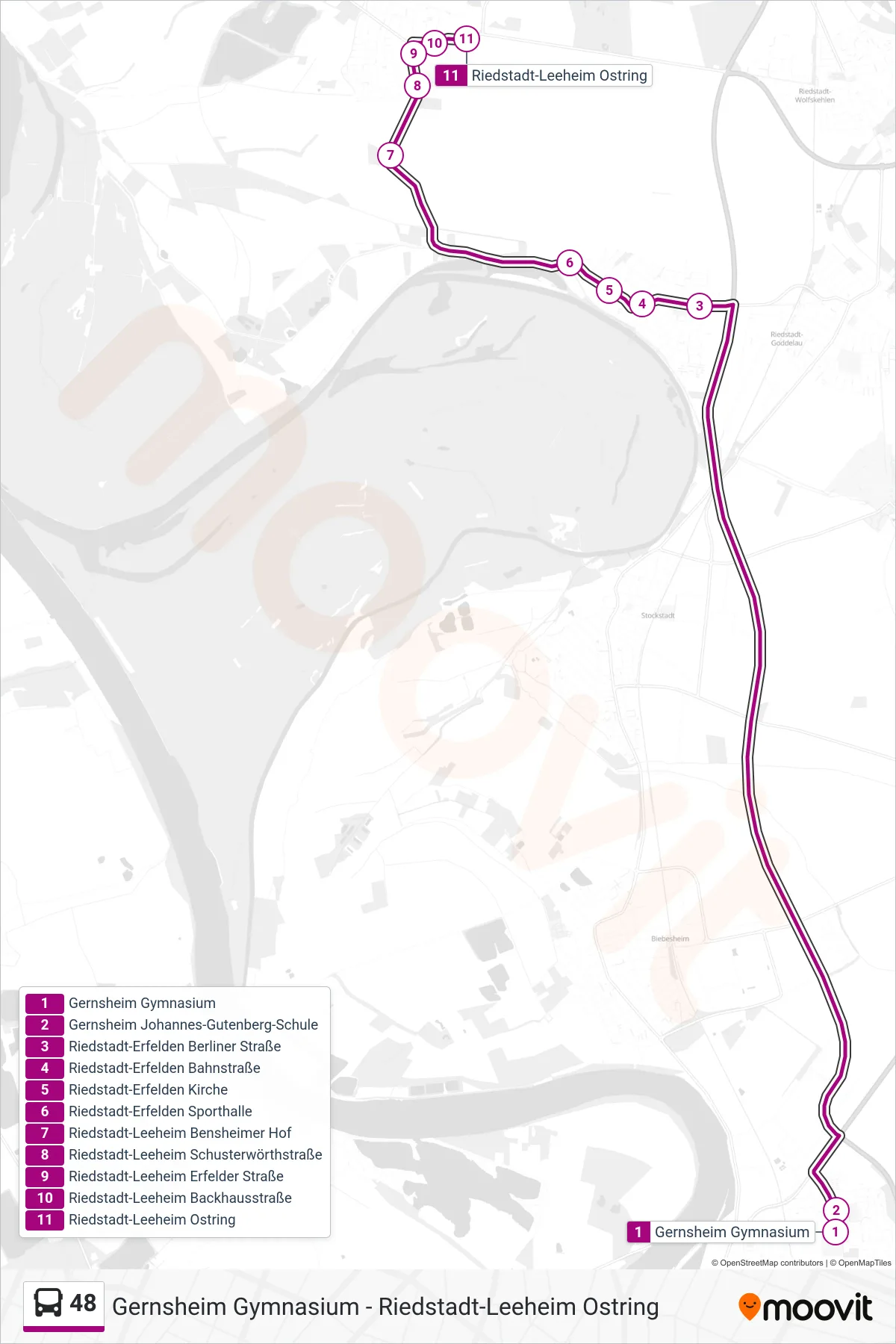 48 bus Line (Riedstadt-Leeheim Ostring) route and stops on a map