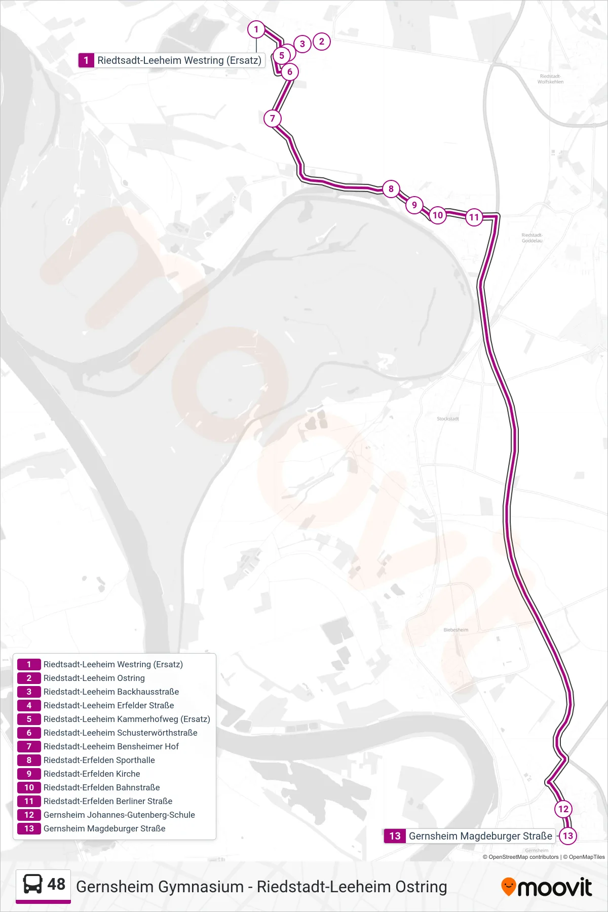 48 bus Line (Gernsheim Magdeburger Straße) route and stops on a map