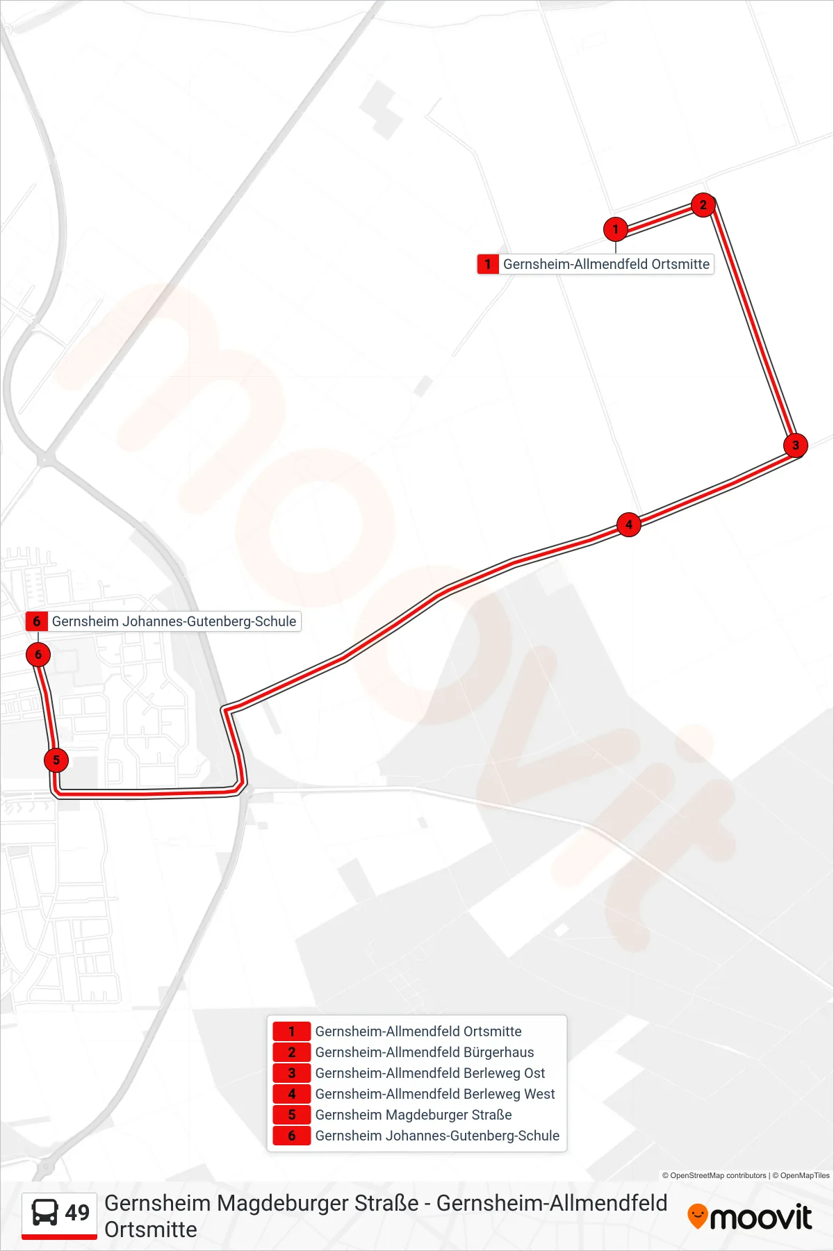 49 bus Line (Gernsheim Johannes-Gutenberg-Schule) route and stops on a map
