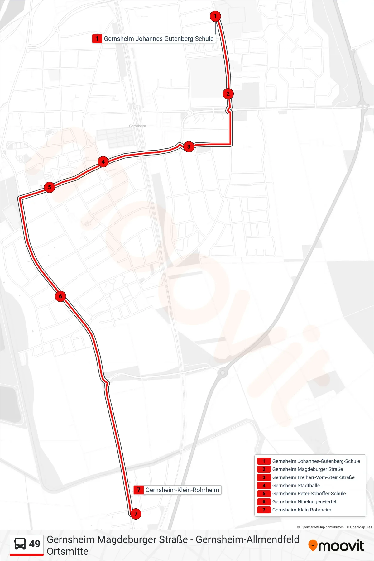 49 bus Line (Gernsheim-Klein-Rohrheim) route and stops on a map