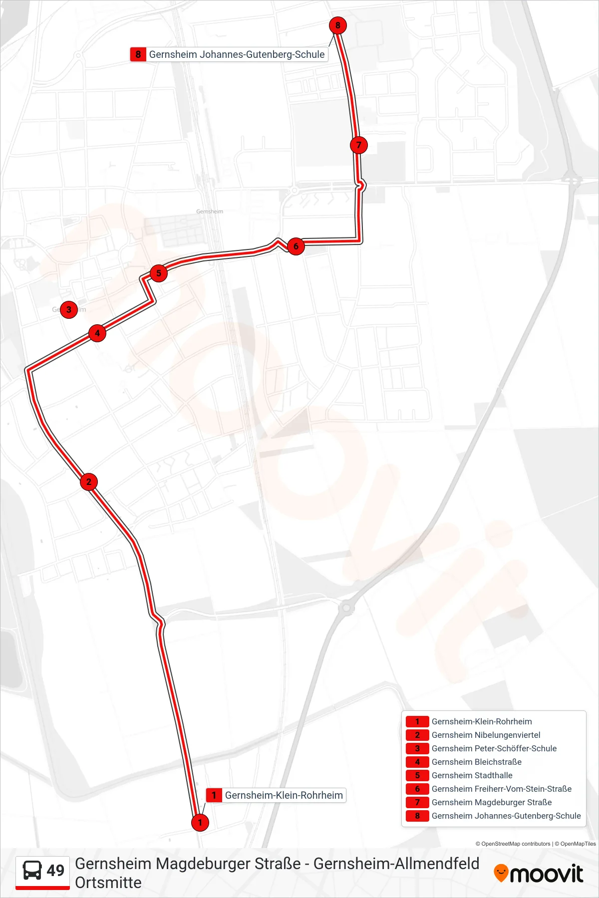 49 bus Line (Gernsheim Johannes-Gutenberg-Schule) route and stops on a map
