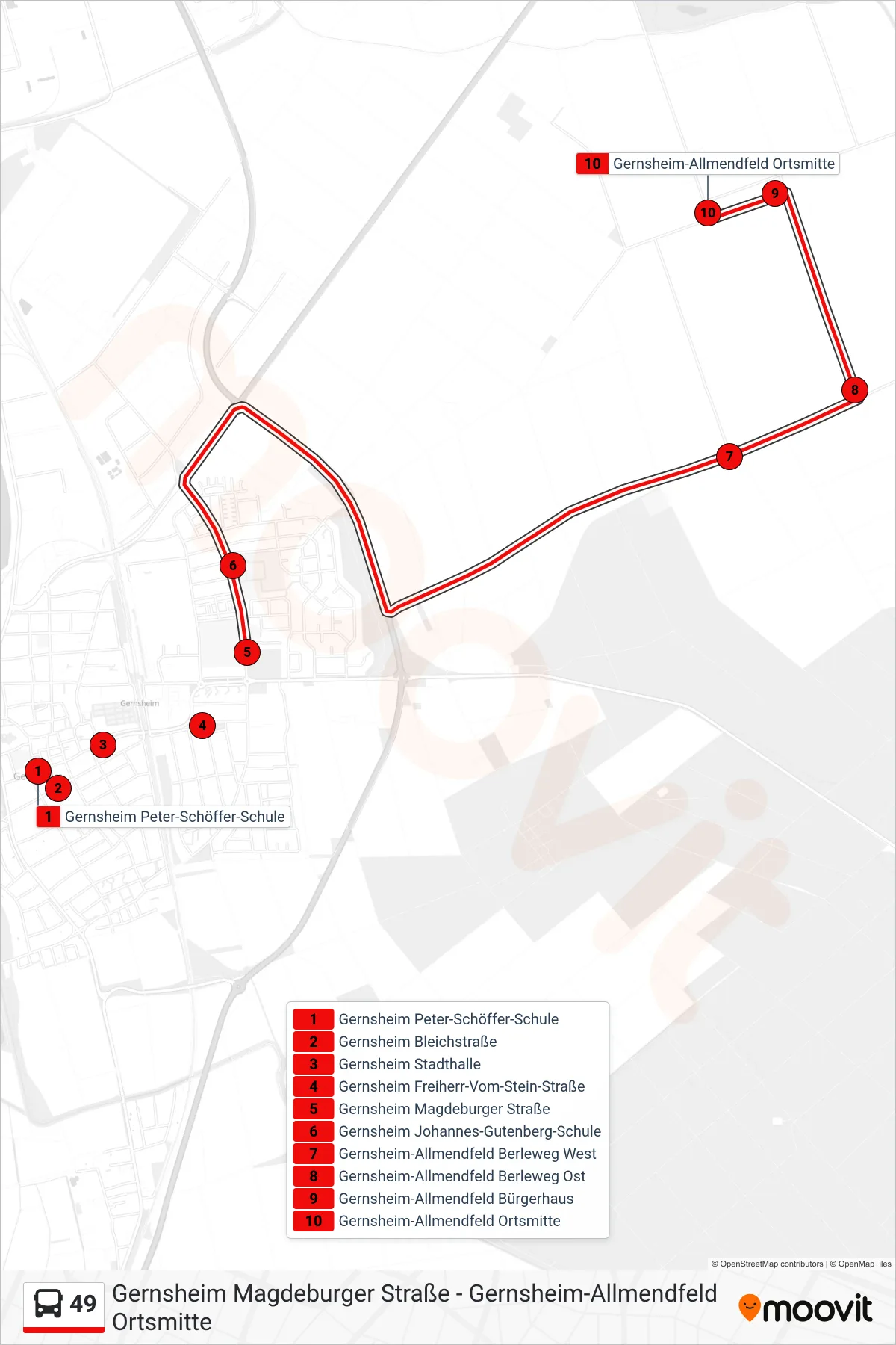 49 bus Line (Gernsheim-Allmendfeld Ortsmitte) route and stops on a map