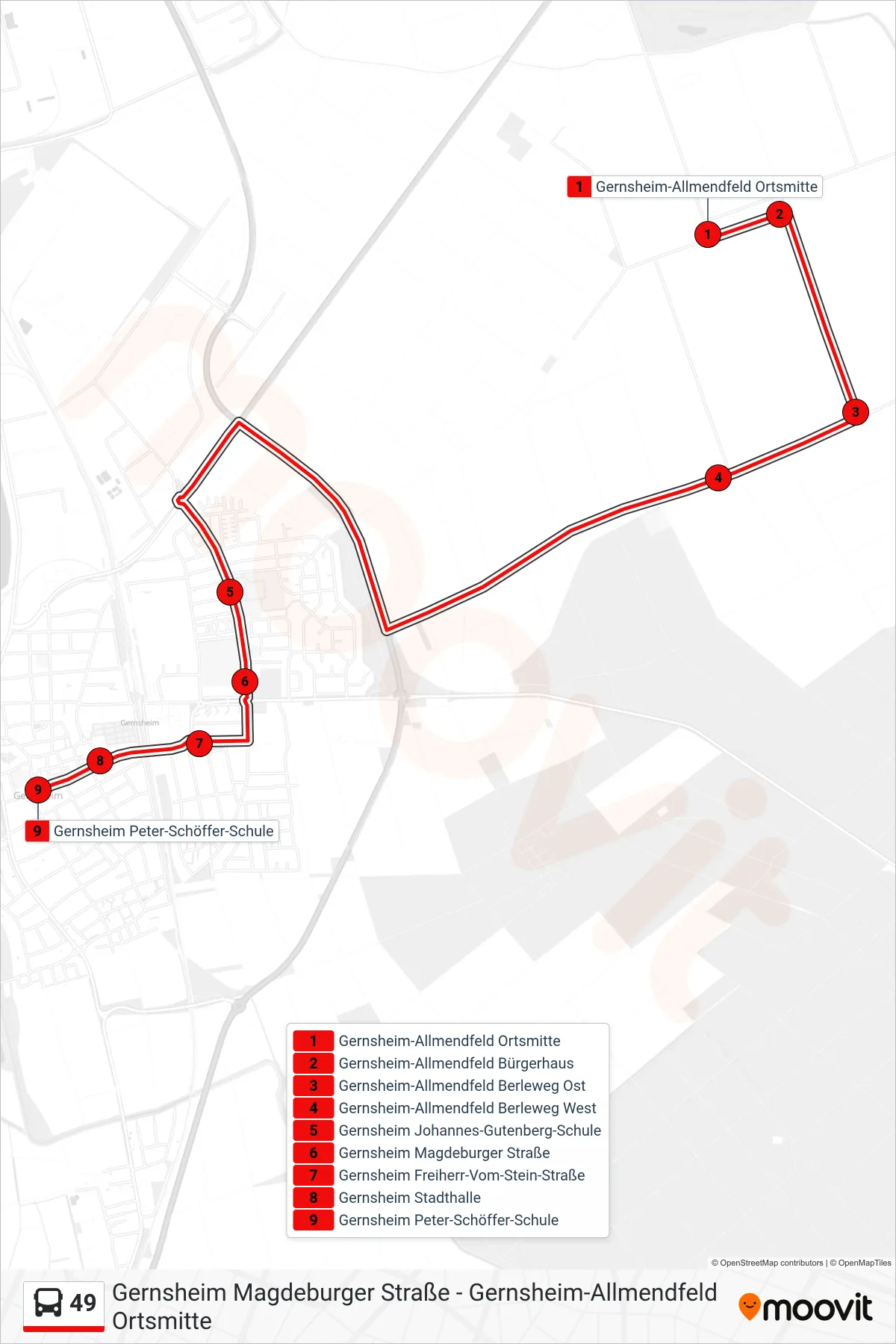 Linie 49 (Bus) Richtung Gernsheim Peter-Schöffer-Schule: Route und Haltestellen auf der Karte