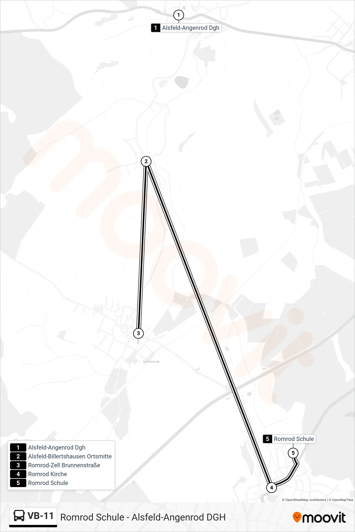 VB-11 bus Line (Romrod Schule) route and stops on a map
