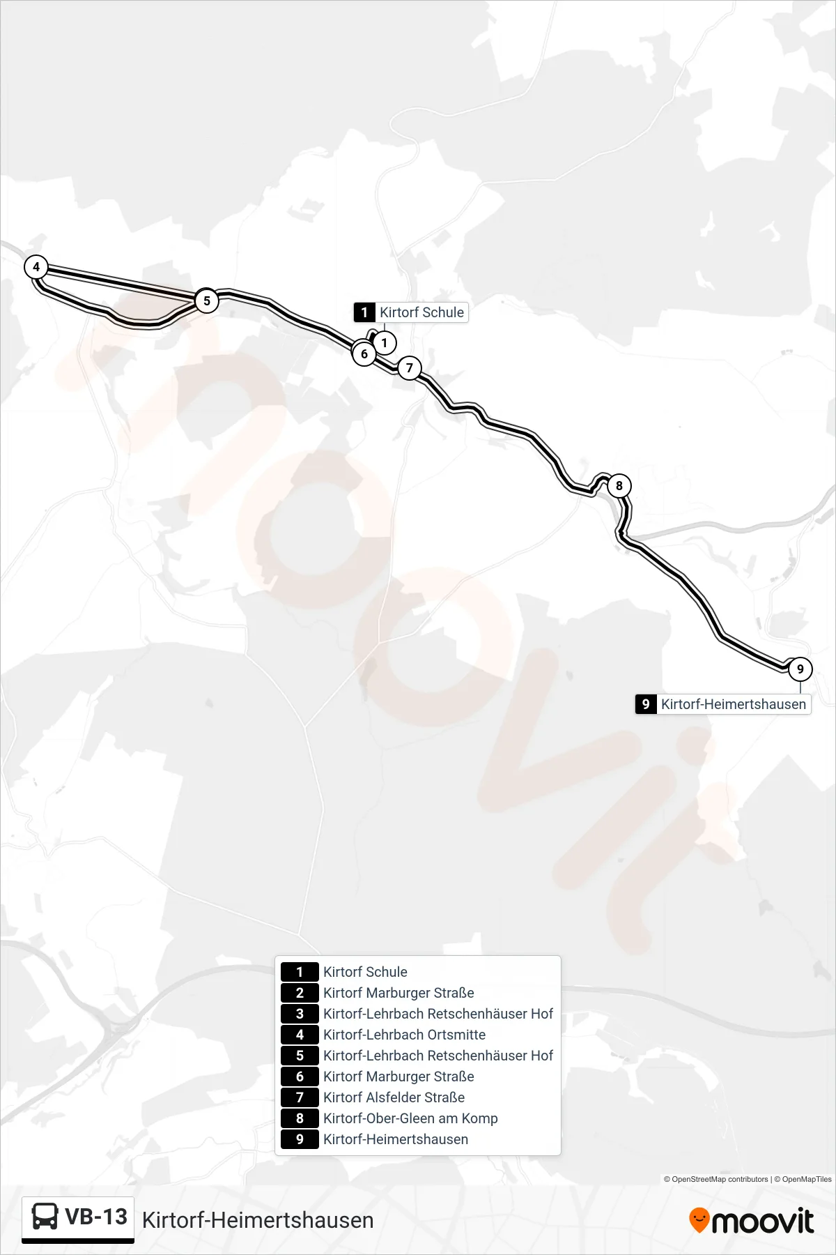 Linie VB-13 (Bus) Richtung Kirtorf-Heimertshausen: Route und Haltestellen auf der Karte