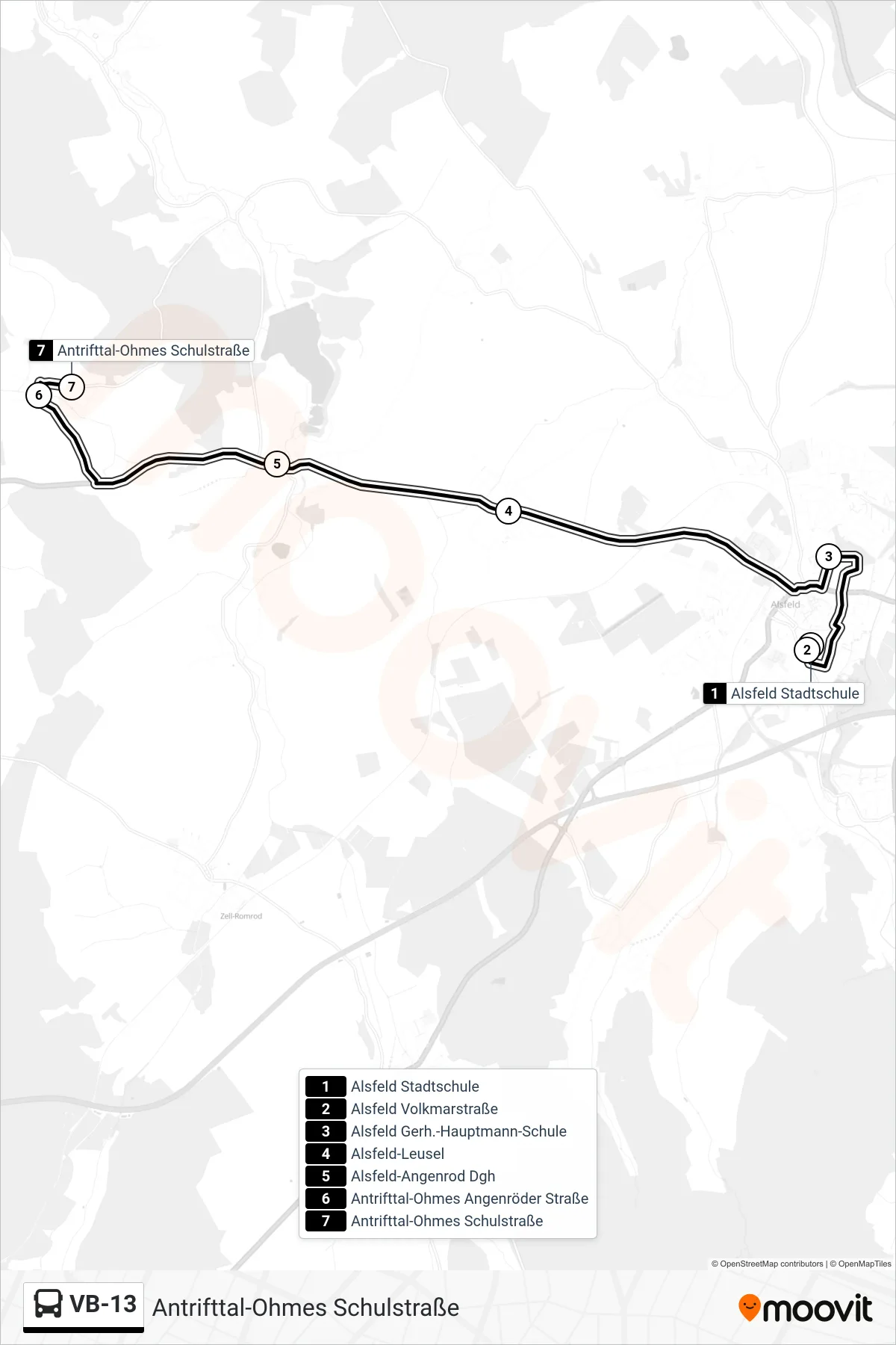 VB-13 bus Line (Antrifttal-Ohmes Schulstraße) route and stops on a map